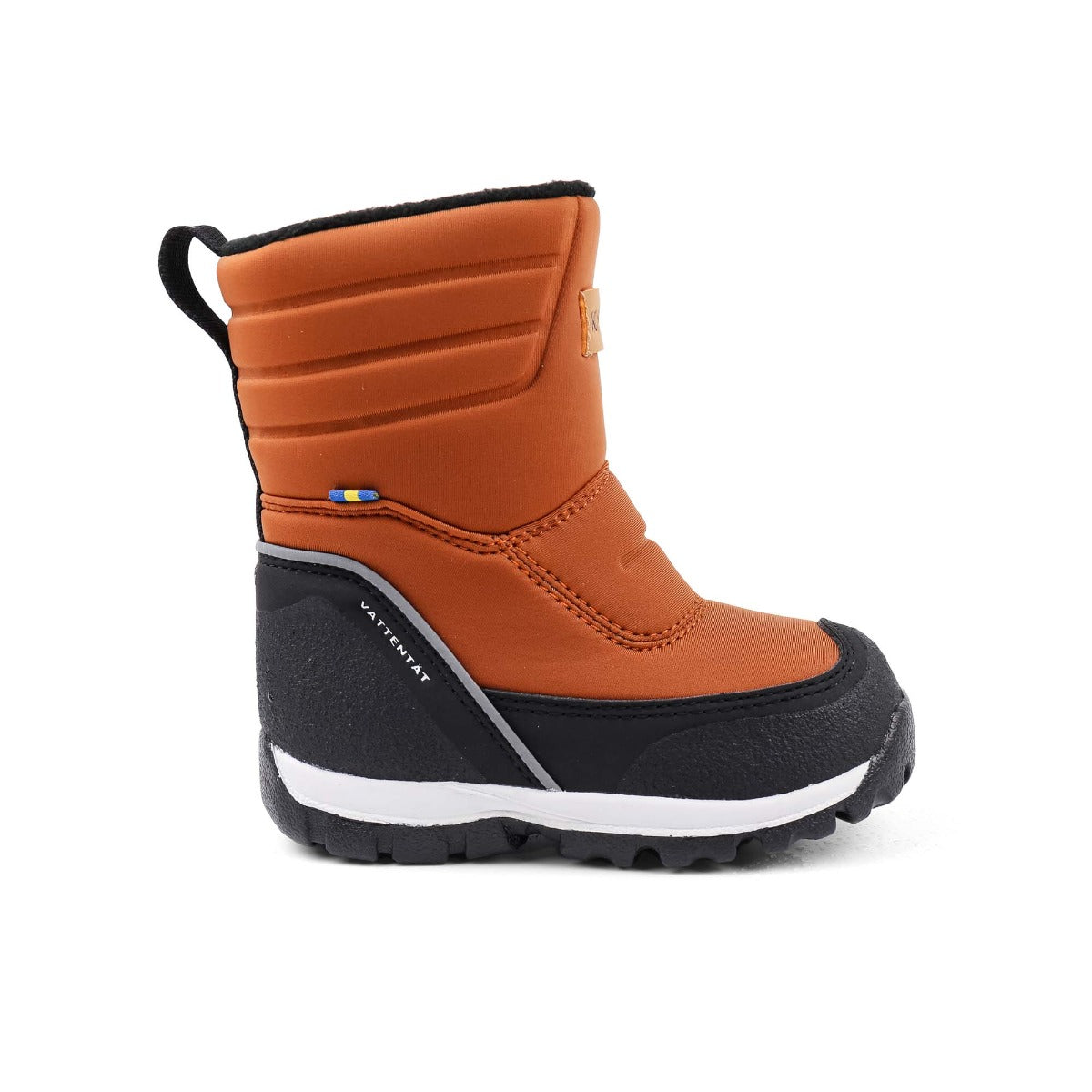 Pair of orange and black winter boots on a white background