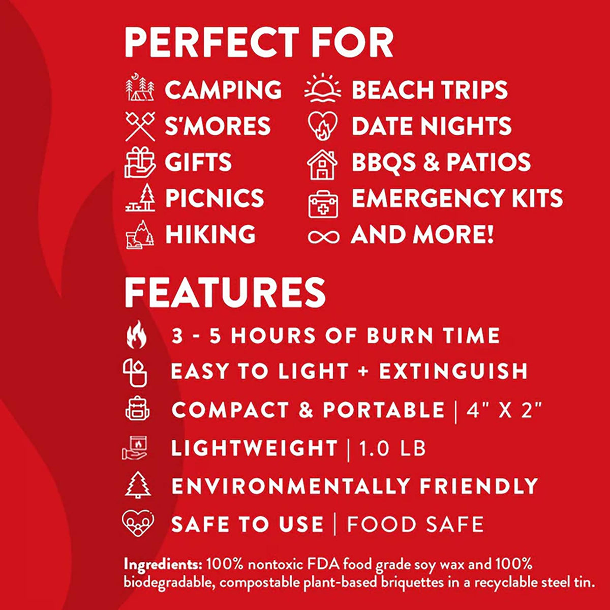 Product features and uses on a red background