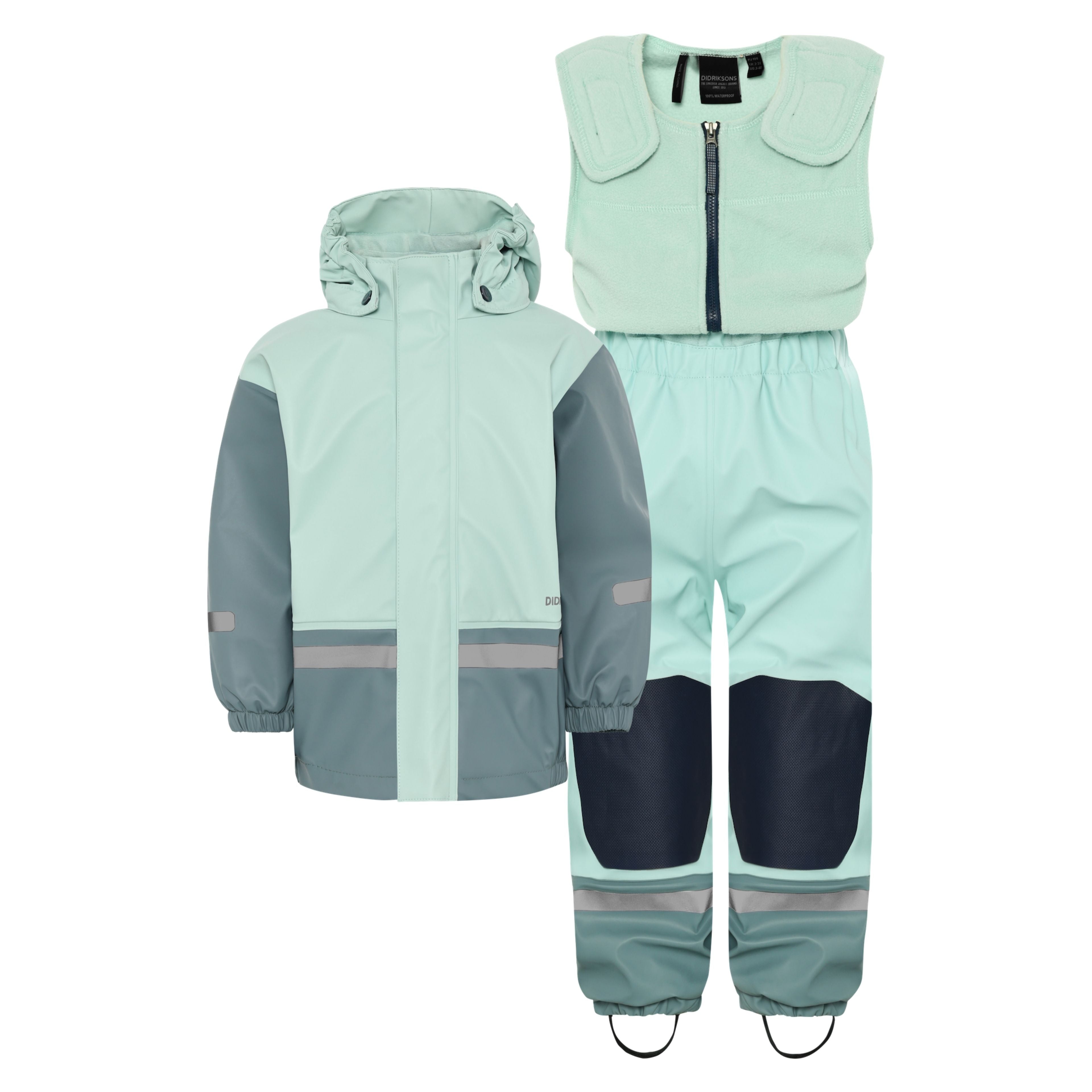 Kids Fleece Lined 2-piece Boardman Rain Set | Didriksons |#color_ocean-mint