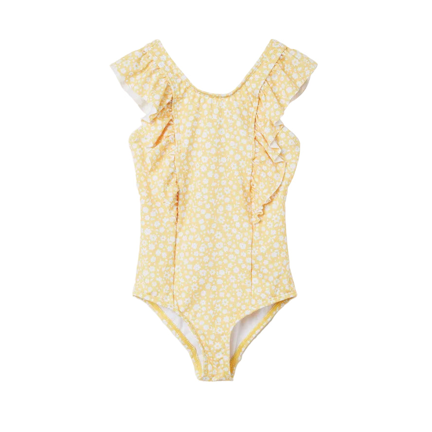 Kids Ruffle One Piece Swim Suit - Ditsy Floral Print | Polarn O. Pyret | #color_cornsilk
