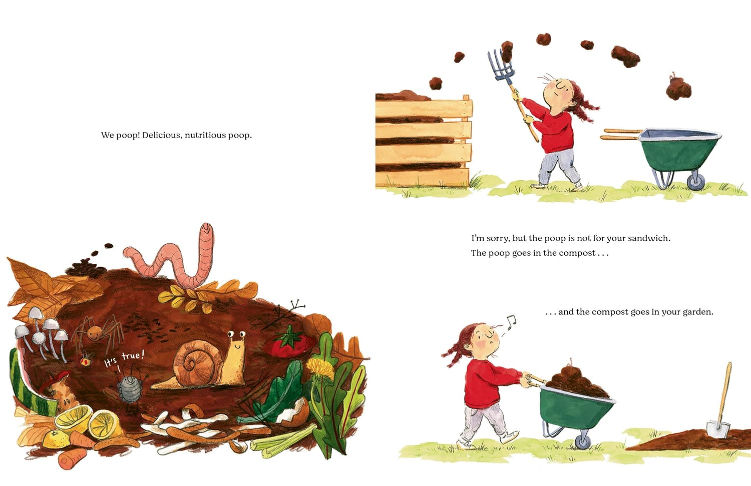 Illustration of composting process with a child and compost bin.