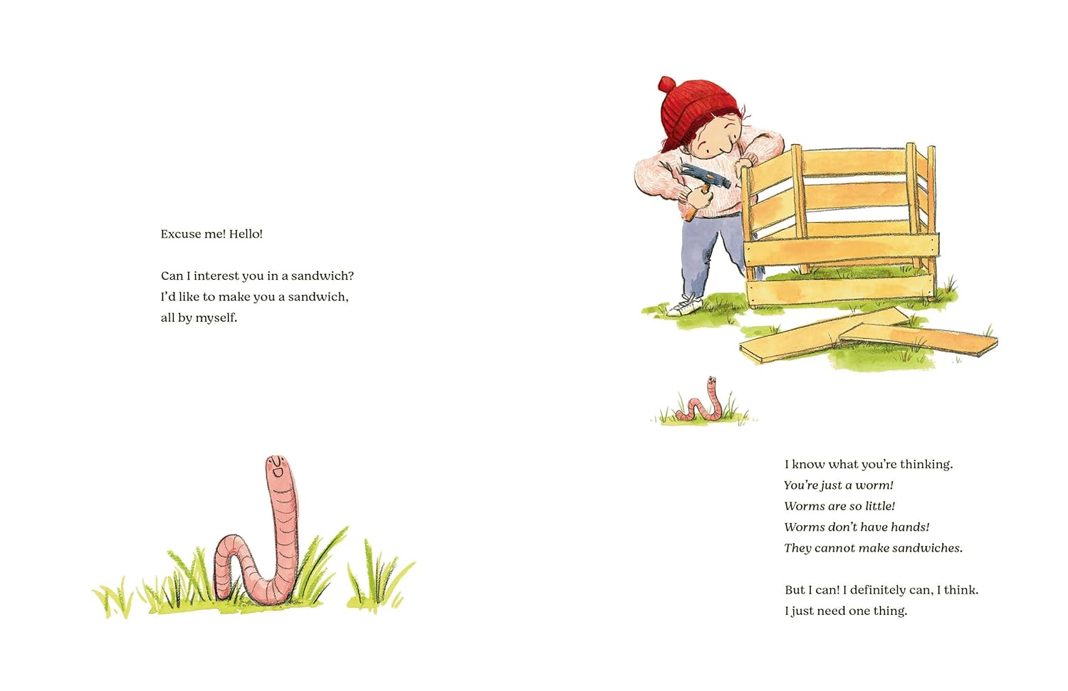Illustration from a children's book with a boy, worm, and sandwich text.