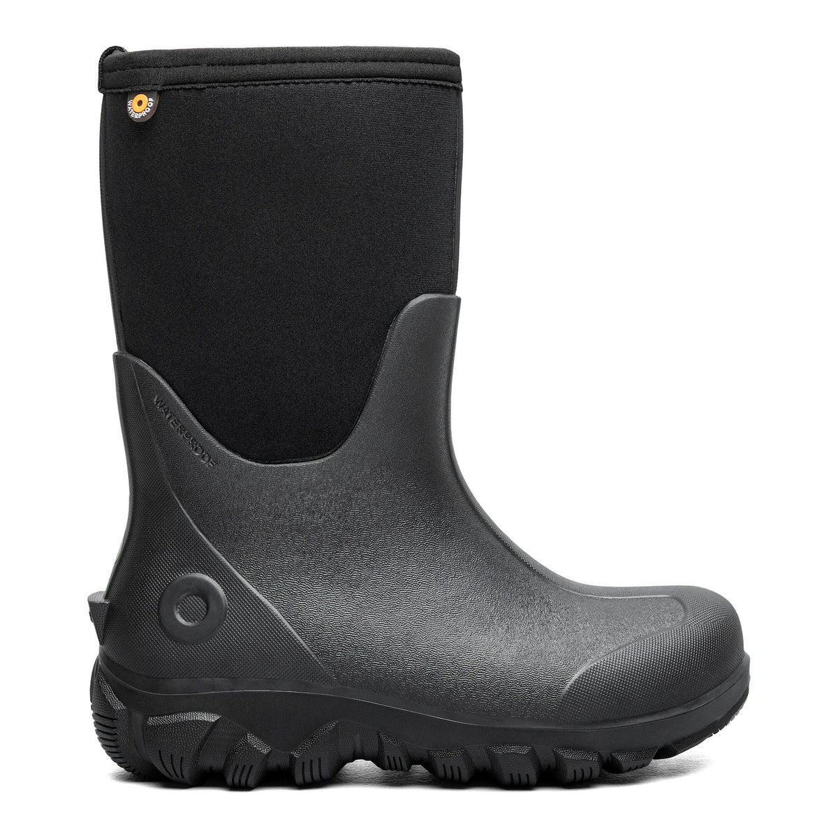 A single black rubber work boot with a textured tread sole and a black neoprene shaft, shown from a side profile on a light gray background.