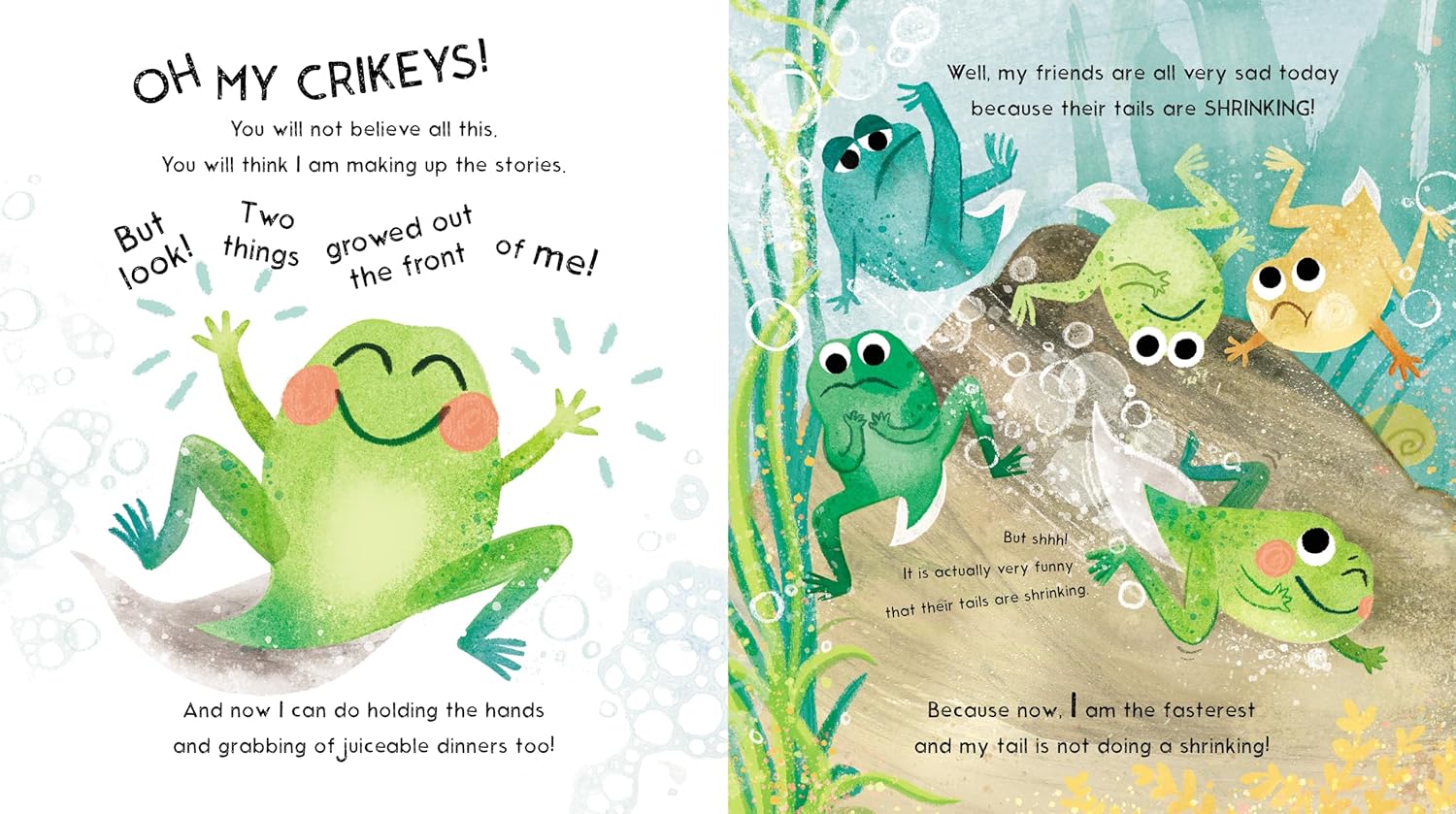 Illustrated book page with frogs and text about a frog's shrinking tail.