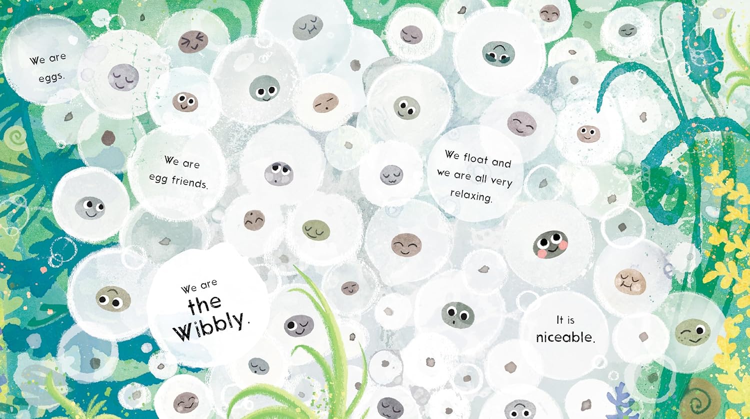 Illustrations of white round characters with text on a green and blue background