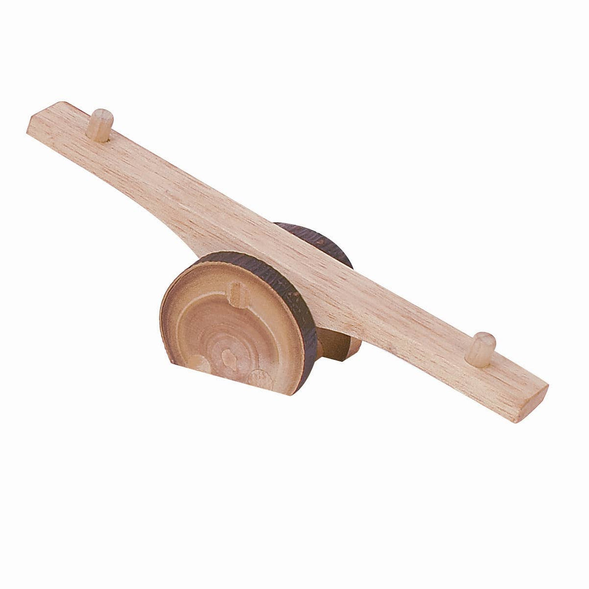 A wooden seesaw toy with a natural light wood plank, a round log base, and small pegs for support, shown on a plain white background.