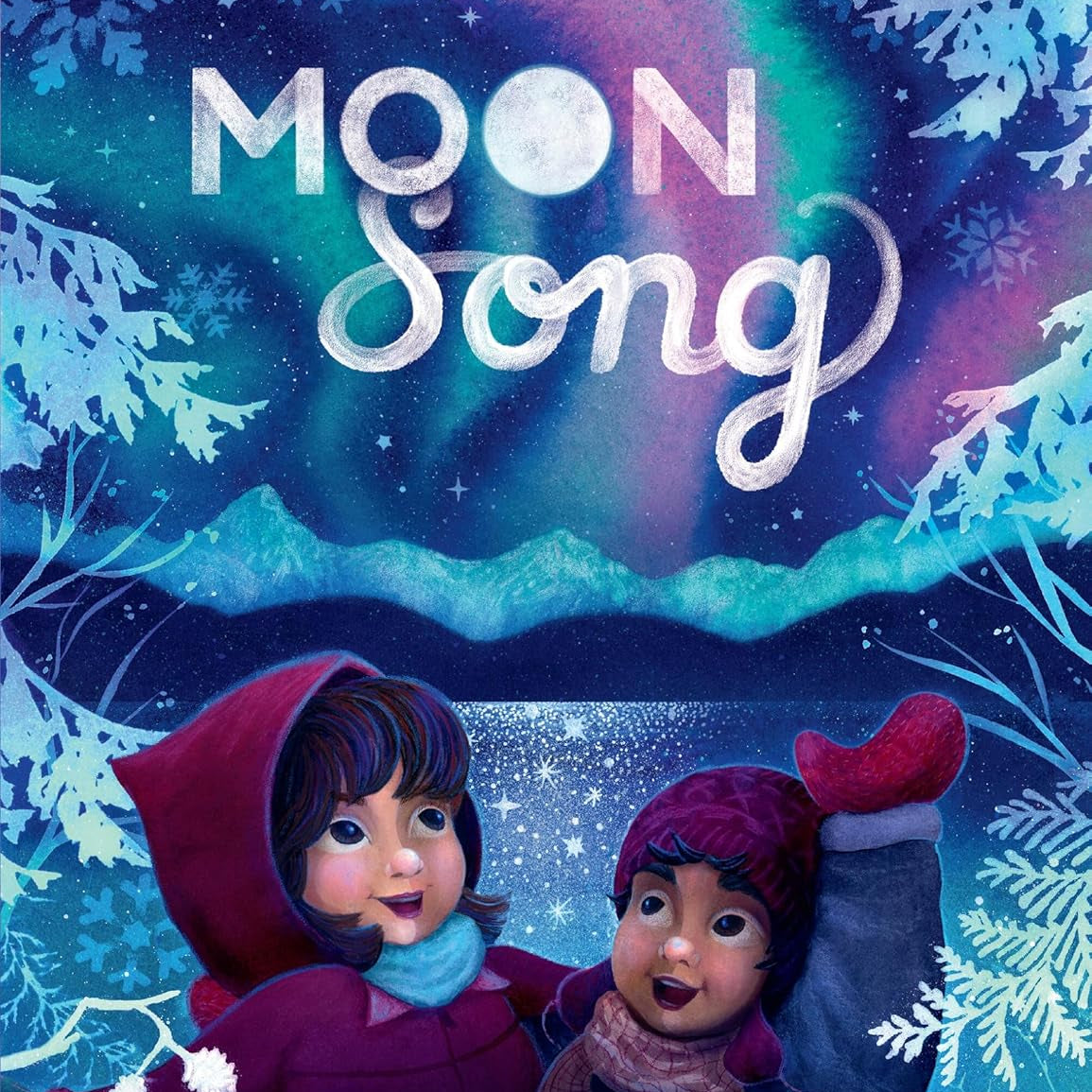 Book cover of 'Moon Song' with two characters in a snowy landscape and moonlit sky.