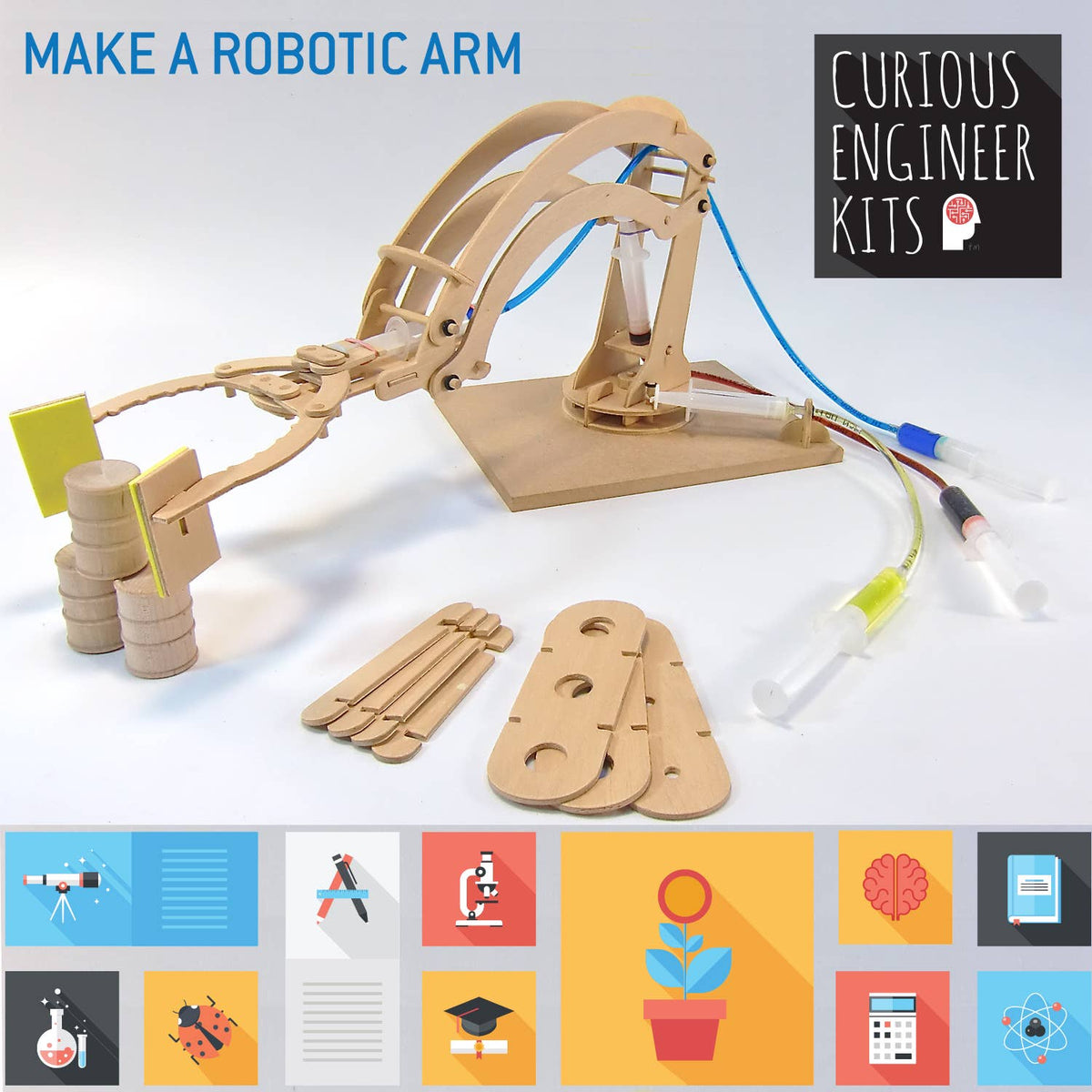 Wooden robotic arm kit with components and Curious Engineer Kits branding on a light background.