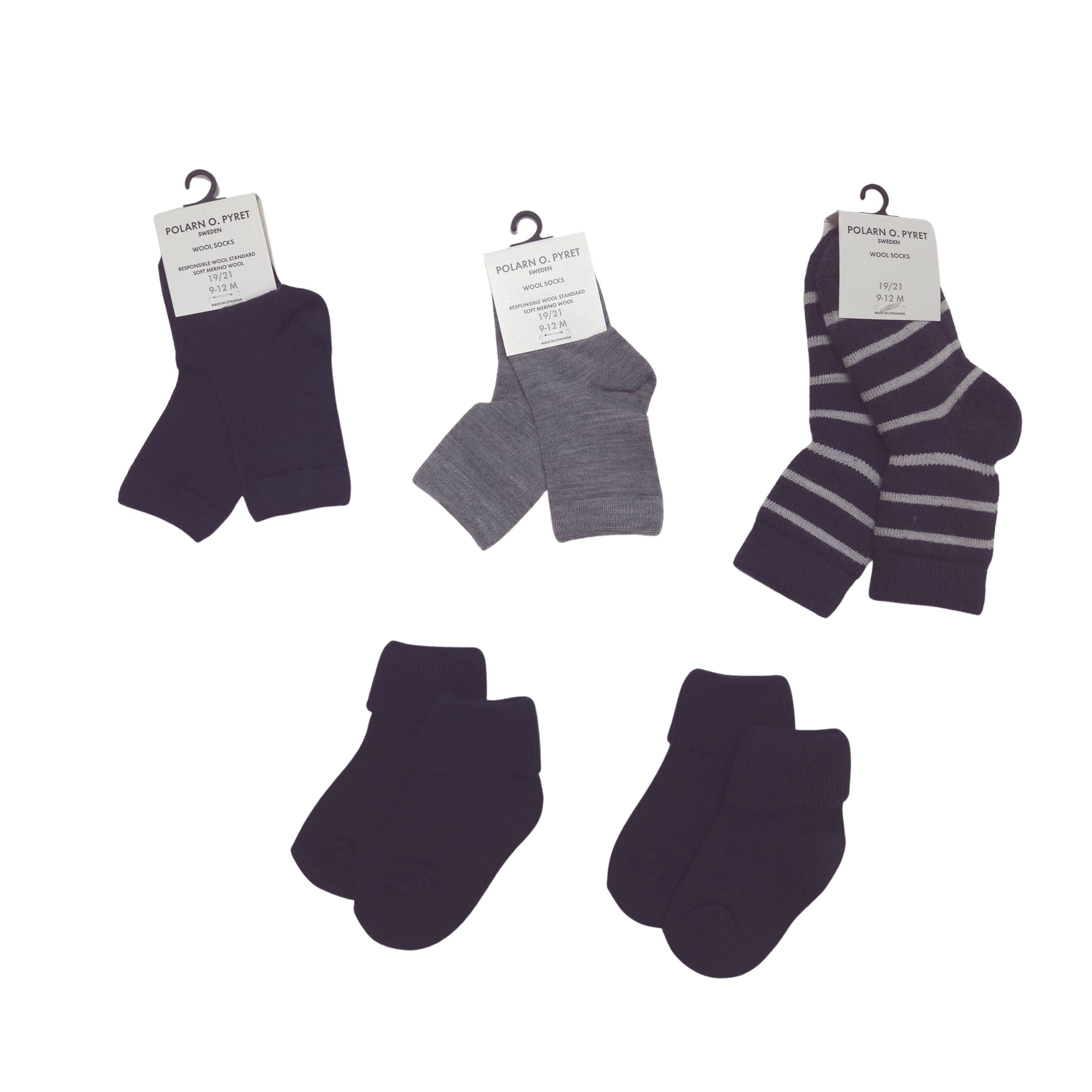 1 pair navy and 1 pair grey thin merino wool, 1 pair wool terry, 2 pair navy cotton socks
