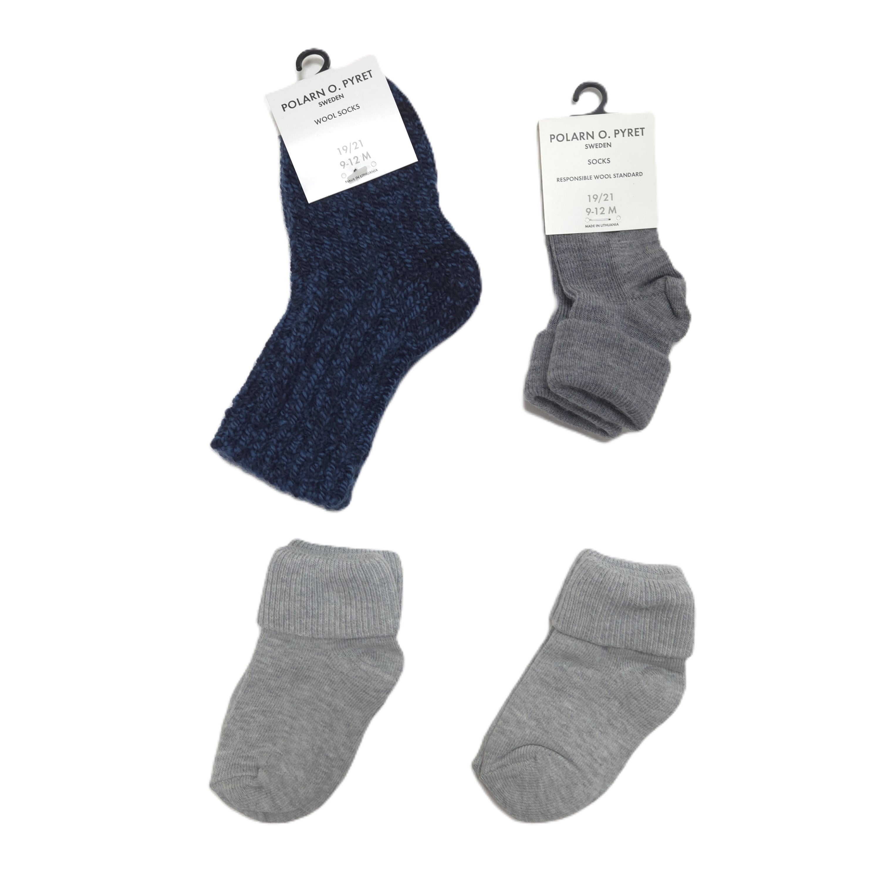 1 pair navy ragg wool socks, 1 pair grey wool turn up socks, 2 pair grey cotton turn up socks