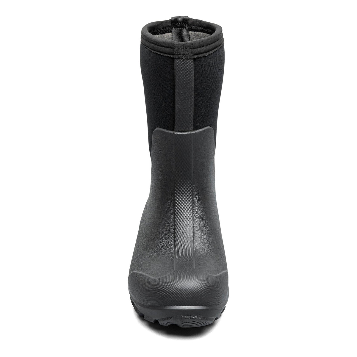 A single black rubber rain boot with a black neoprene upper, shown from a front-facing perspective on a solid white background.