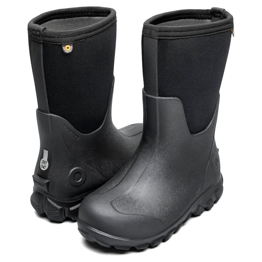 A pair of black rubber and neoprene mid-calf boots, shown from the side and back on a clean white background.