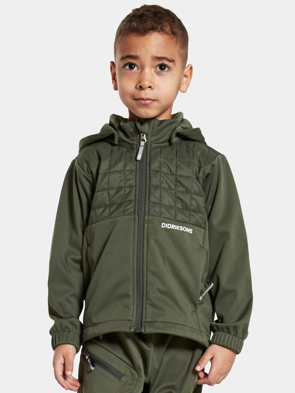 Child wearing an olive green quilted hooded jacket with a front zipper and a white DIDIKSONS logo on the chest, photographed against a light gray studio background.