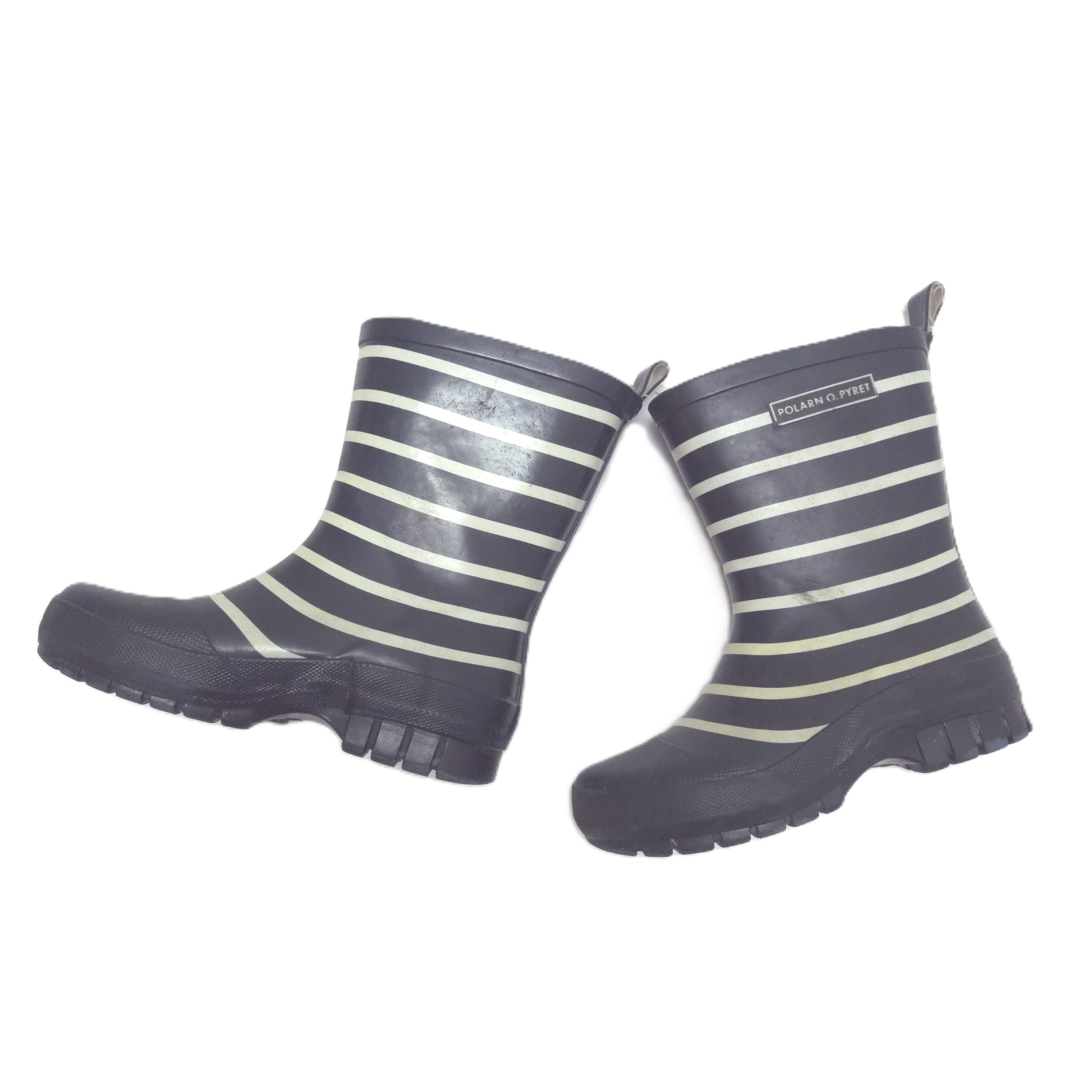 Pair of striped rain boots on a white background side
