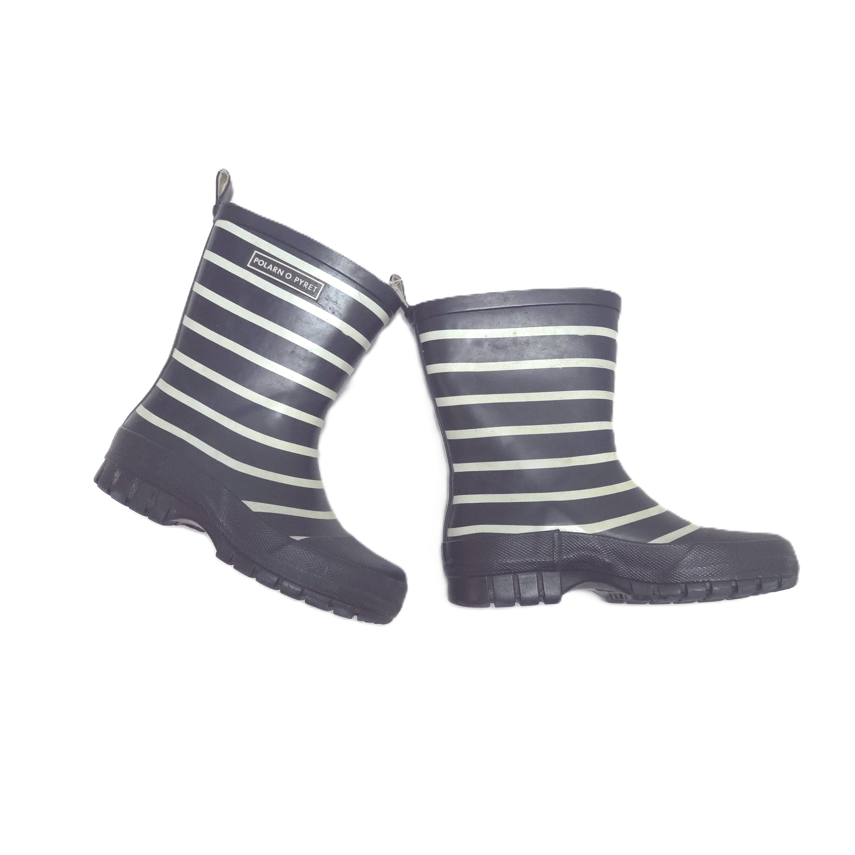 Pair of striped rain boots on a white background side
