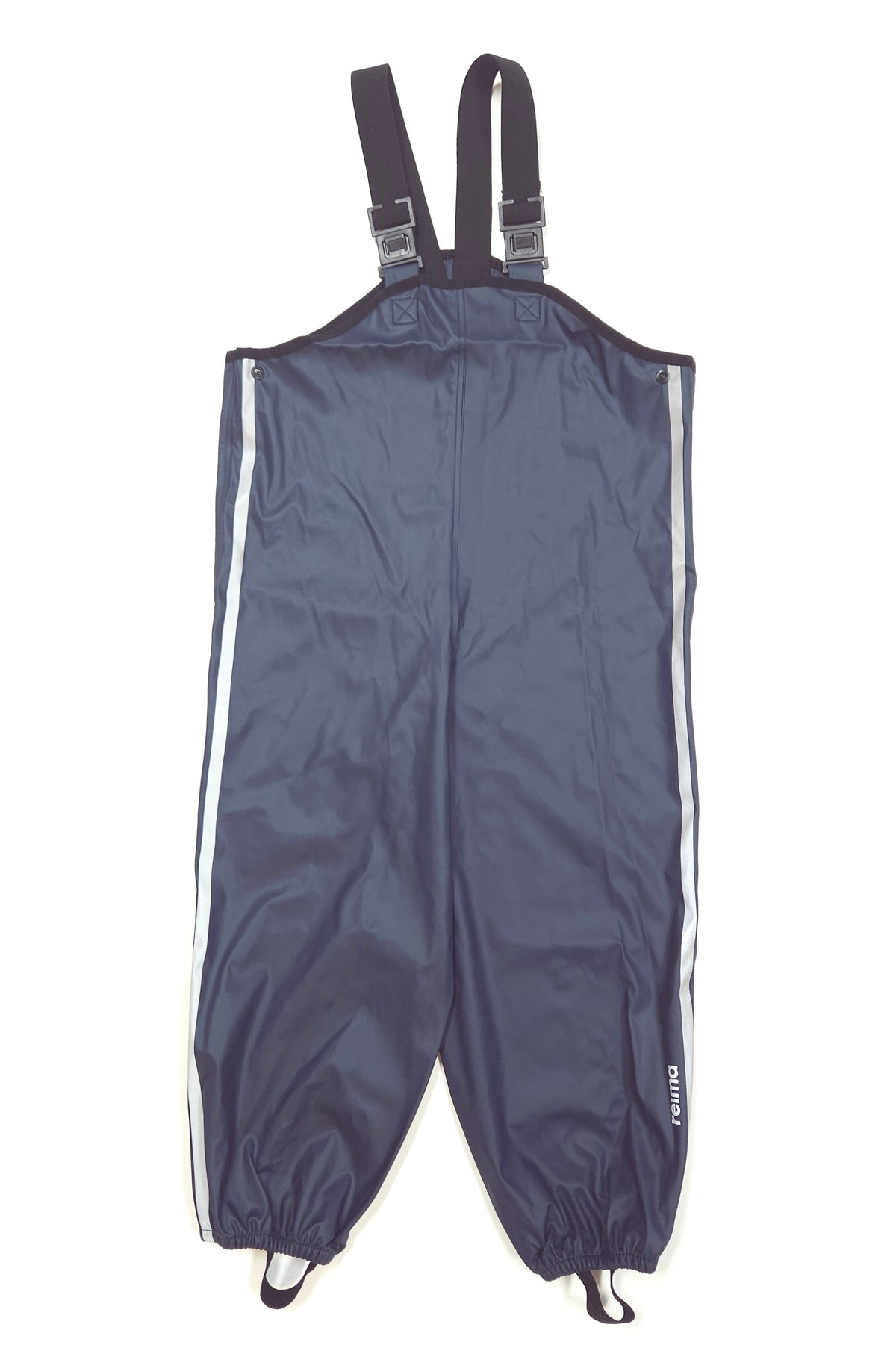 A pair of dark navy blue waterproof bib overalls with adjustable shoulder straps, featuring reflective side stripes and elasticized leg cuffs, shown against a plain white background.