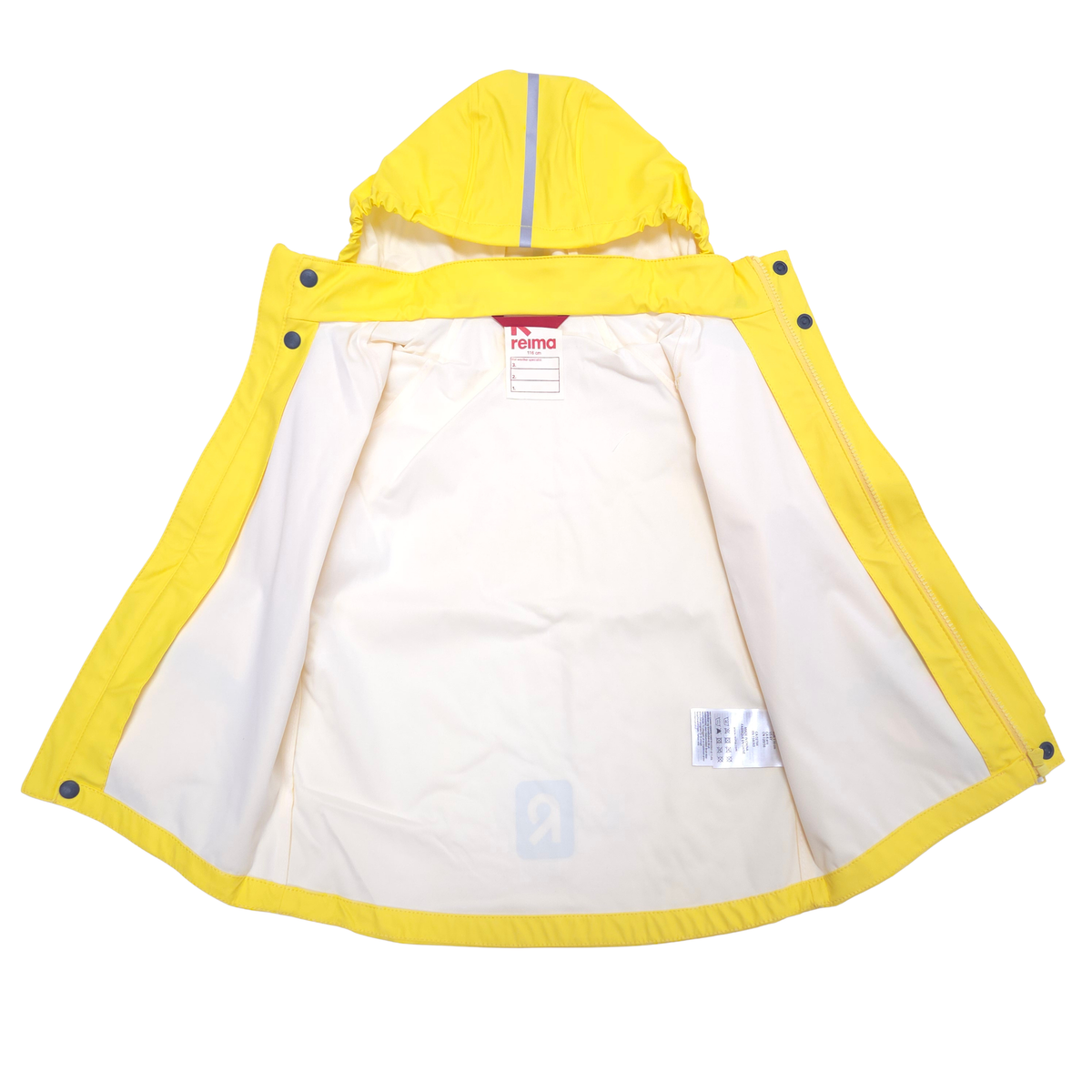 A yellow and white hooded raincoat laid flat against a white background, showing the interior lining and snap-button details.