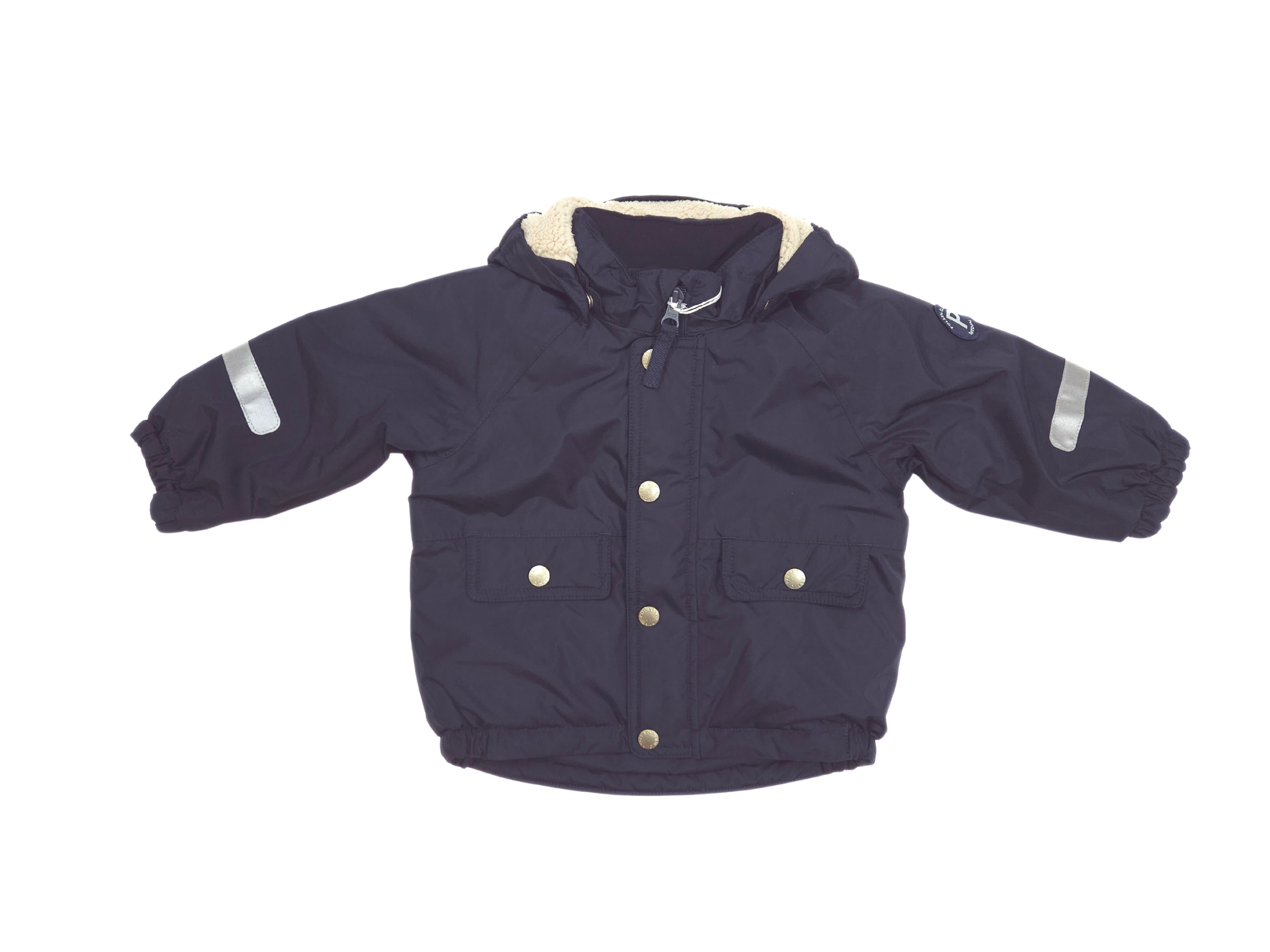 Navy blue children's jacket with reflective stripes on a white background