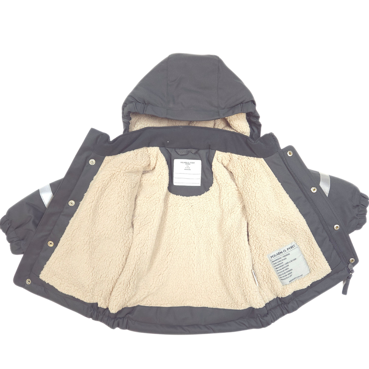 Children's gray winter jacket with a hood and pile fleece lining on a white background
