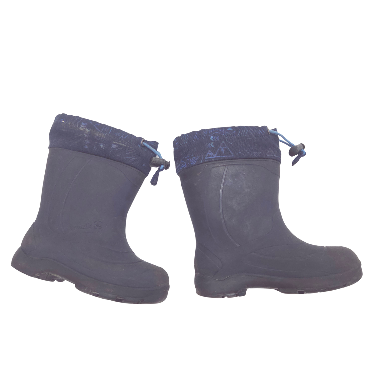 A pair of navy waterproof rubber boots with a patterned blue cuff and drawstring, shown against a plain white background.
