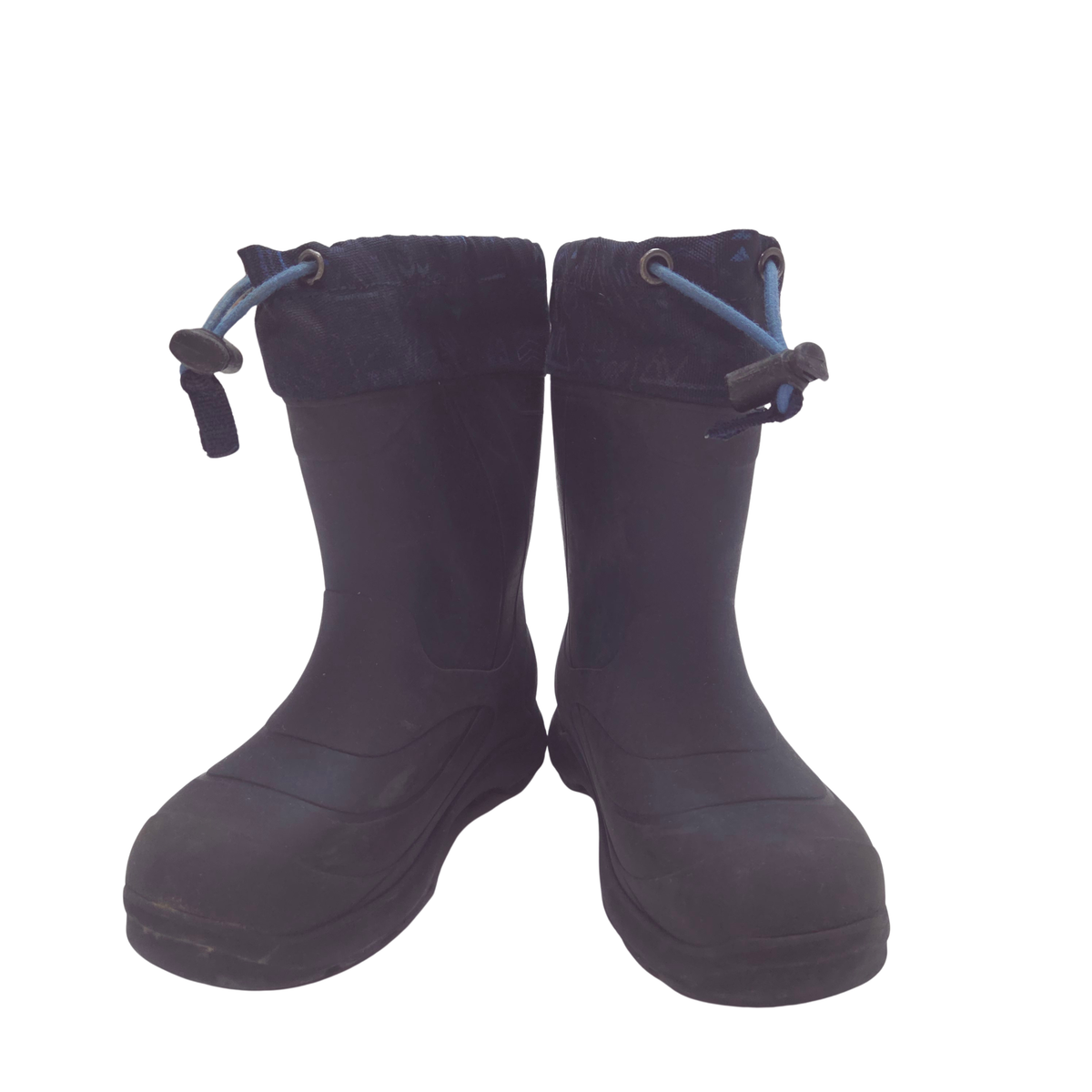 A pair of navy waterproof boots with a blue drawstrings, shown against a plain white background.