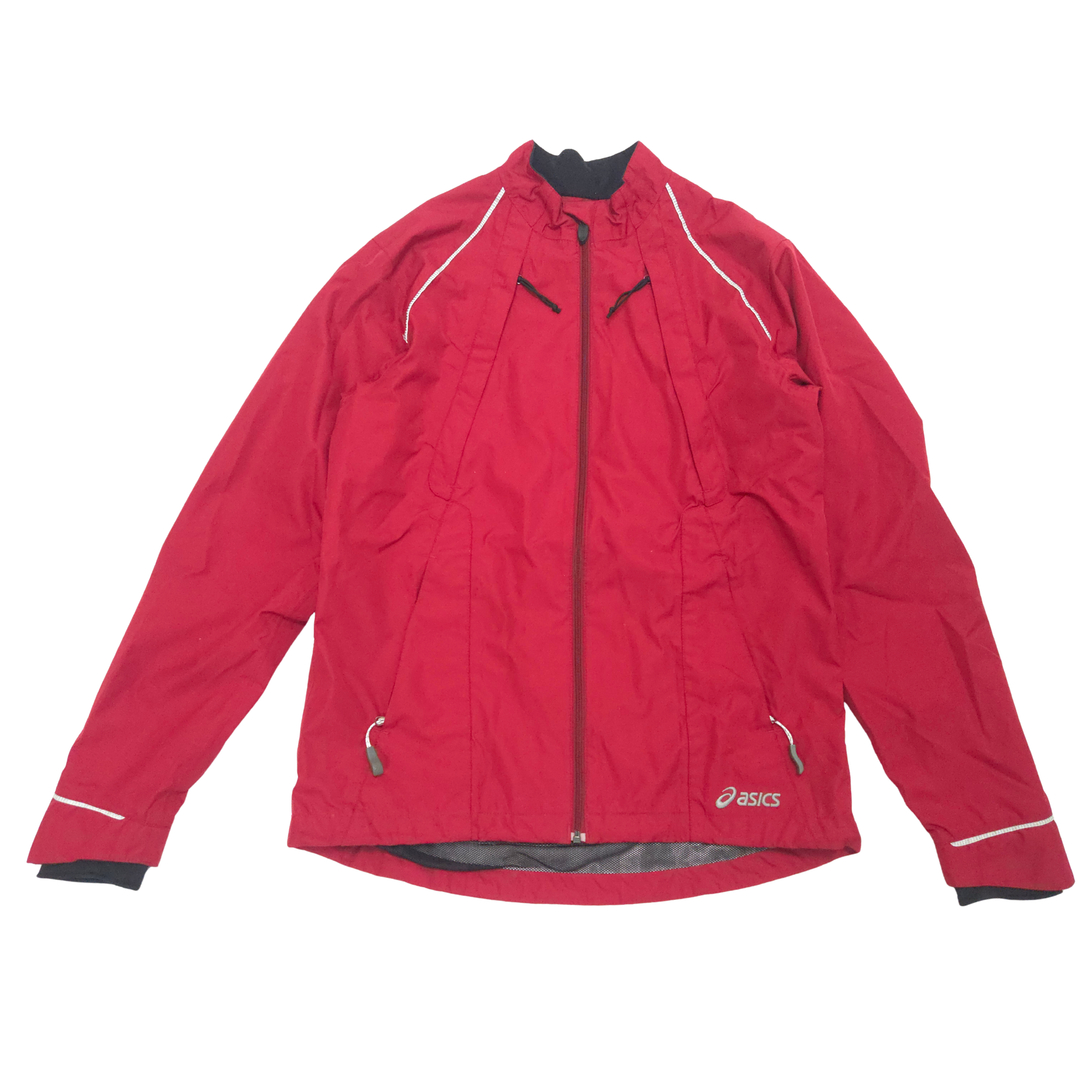 Red shell jacket with white accents on a white background