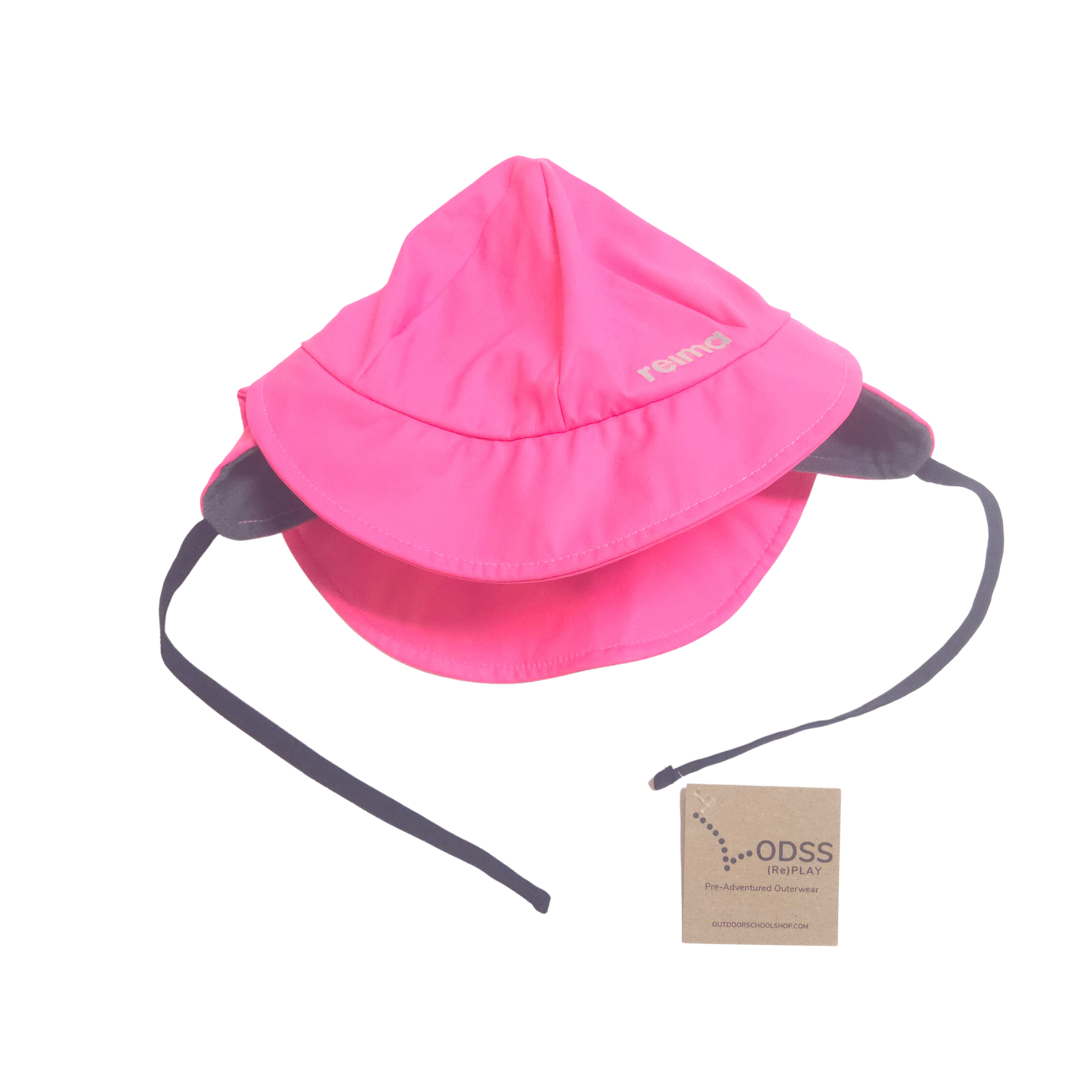 Pink sun hat with gray chin strap on a white background