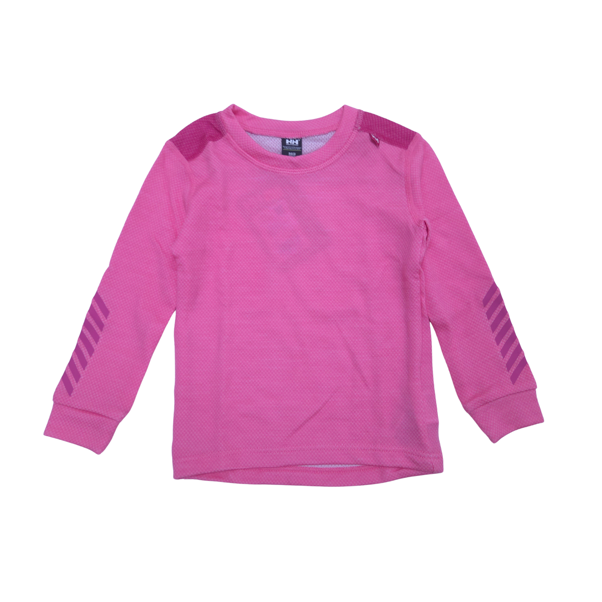A pink long-sleeve athletic top with textured knit fabric, contrasting darker pink shoulder panels, and diagonal striped detailing on the sleeves, shown flat on a white background.