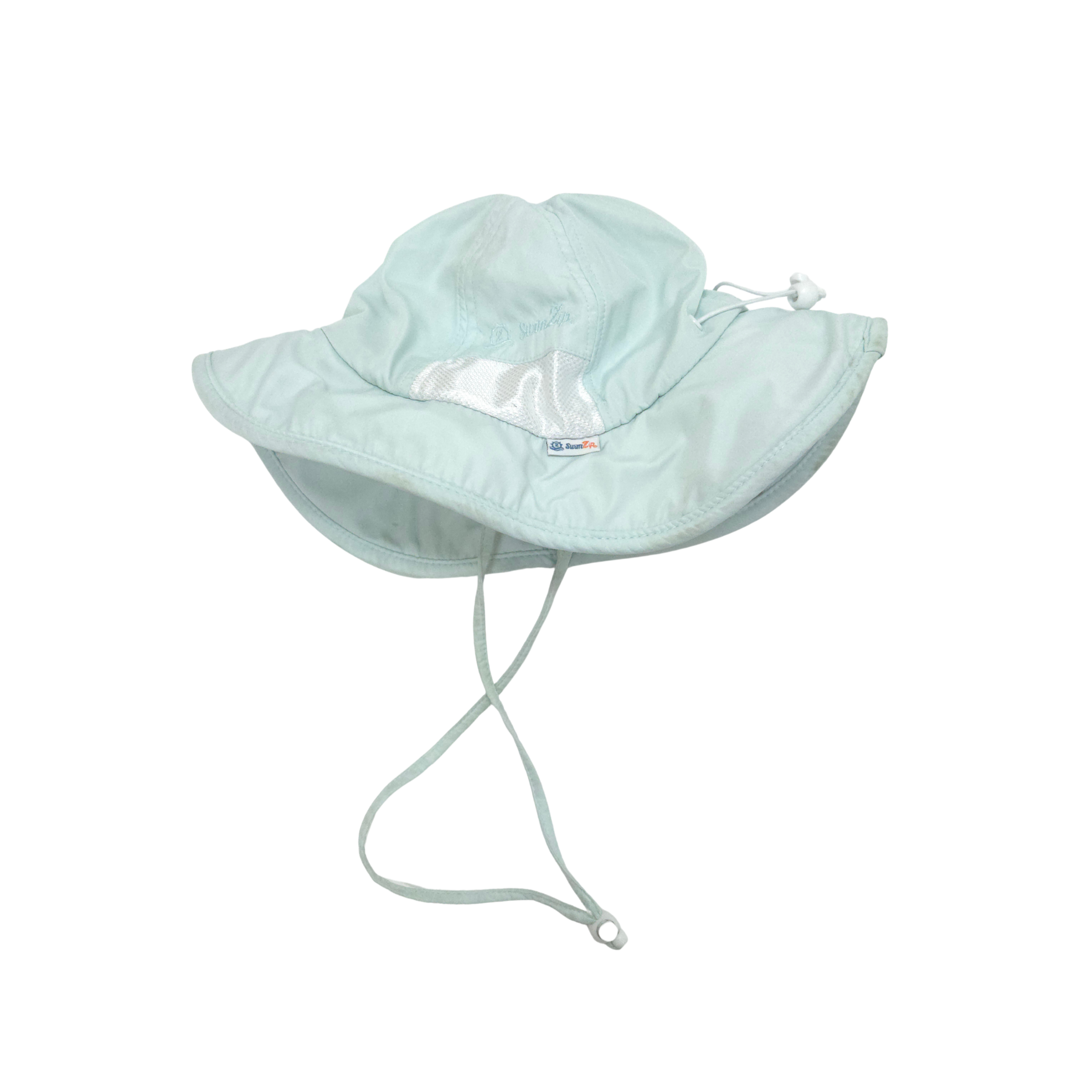 Light blue baby sun hat with a drawstring on a white background