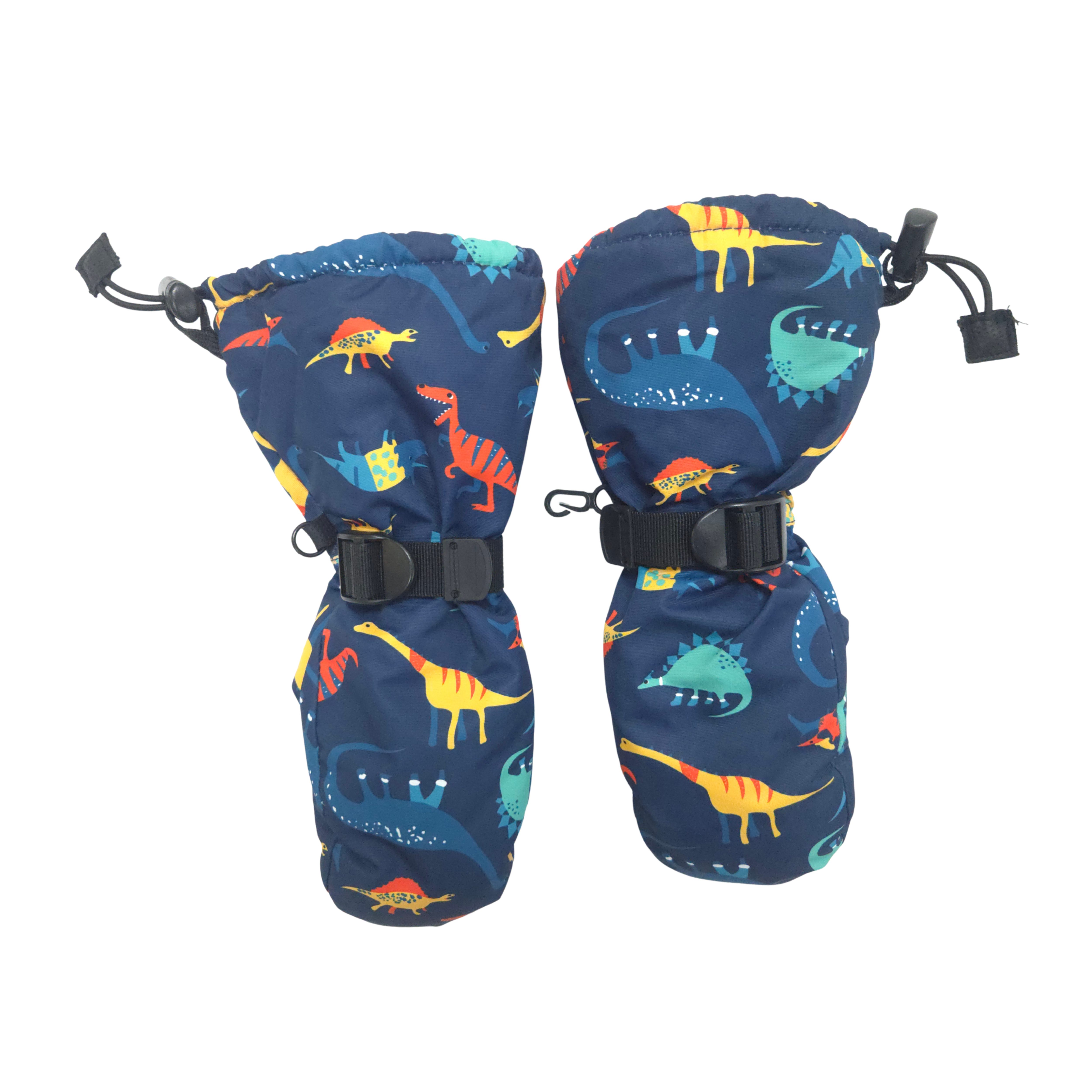 Pair of blue children's mittens with dinosaur pattern on a white background
