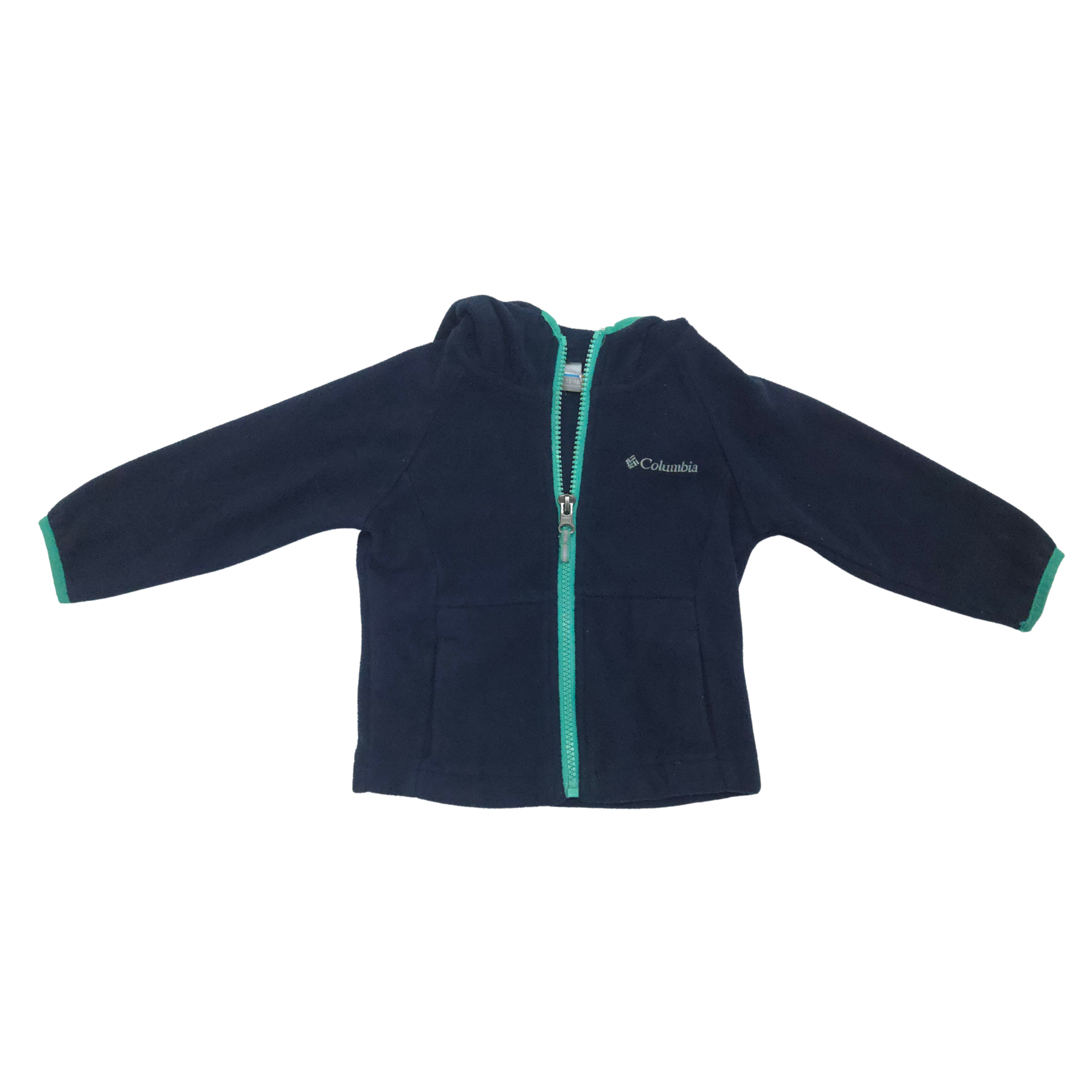 Navy blue jacket with turquoise zipper on a white background