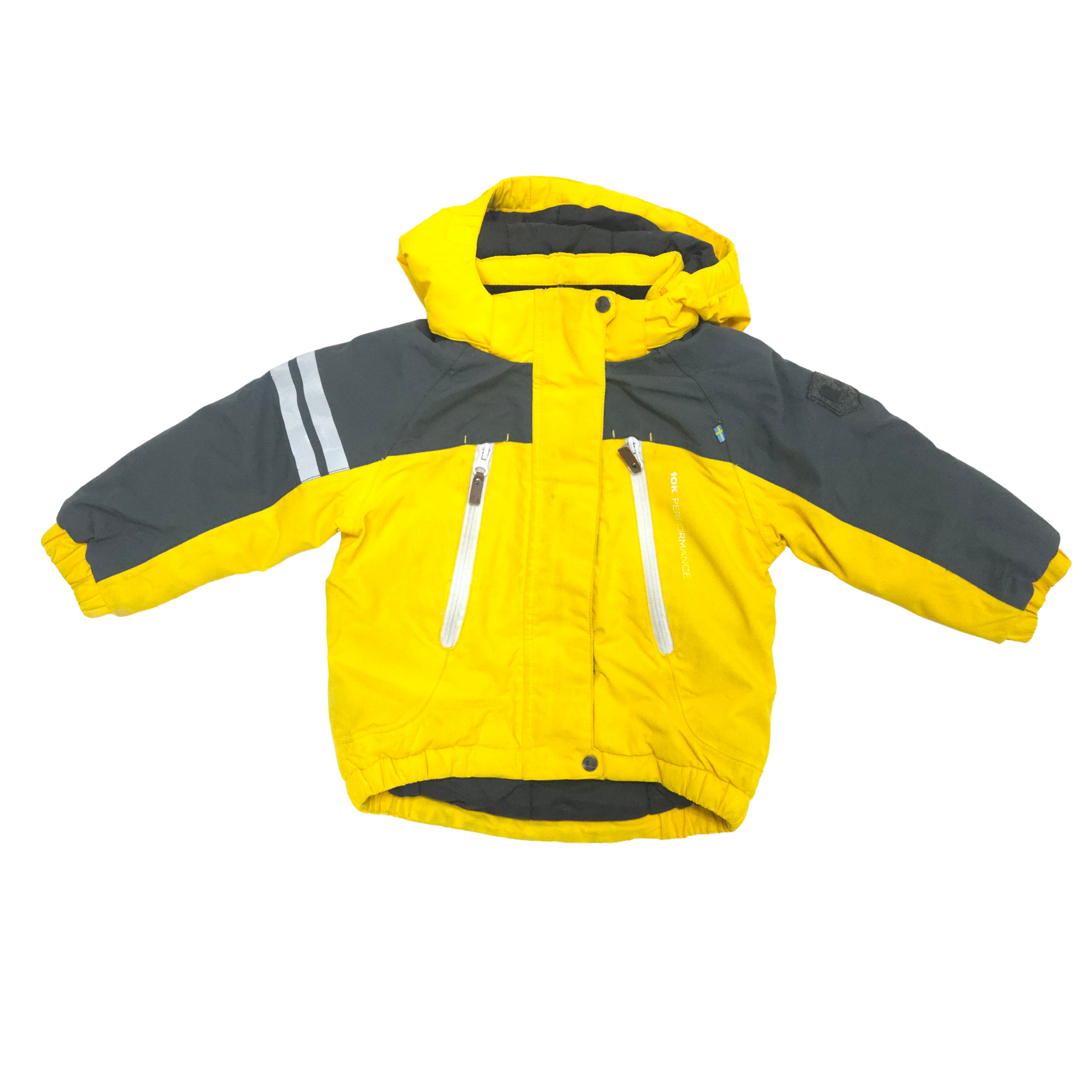 Yellow and gray children's winter jacket on a white background