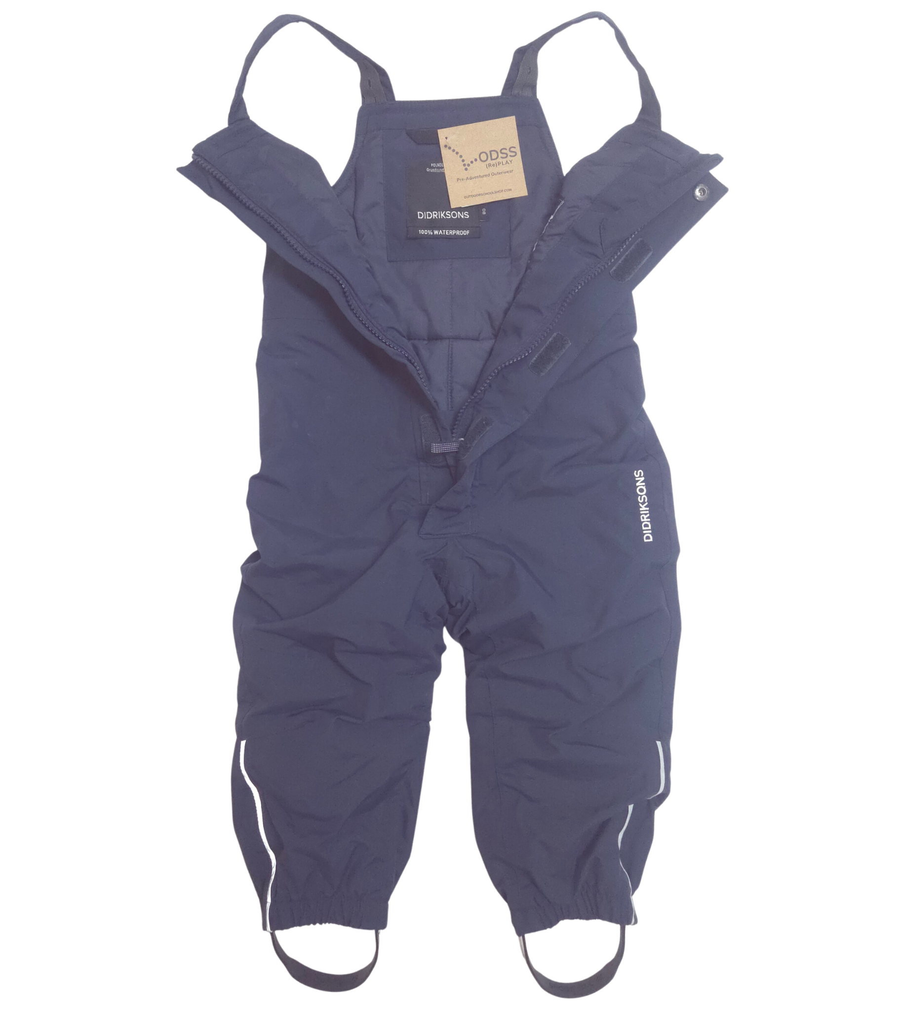 Navy blue snow pants with straps on a white background open