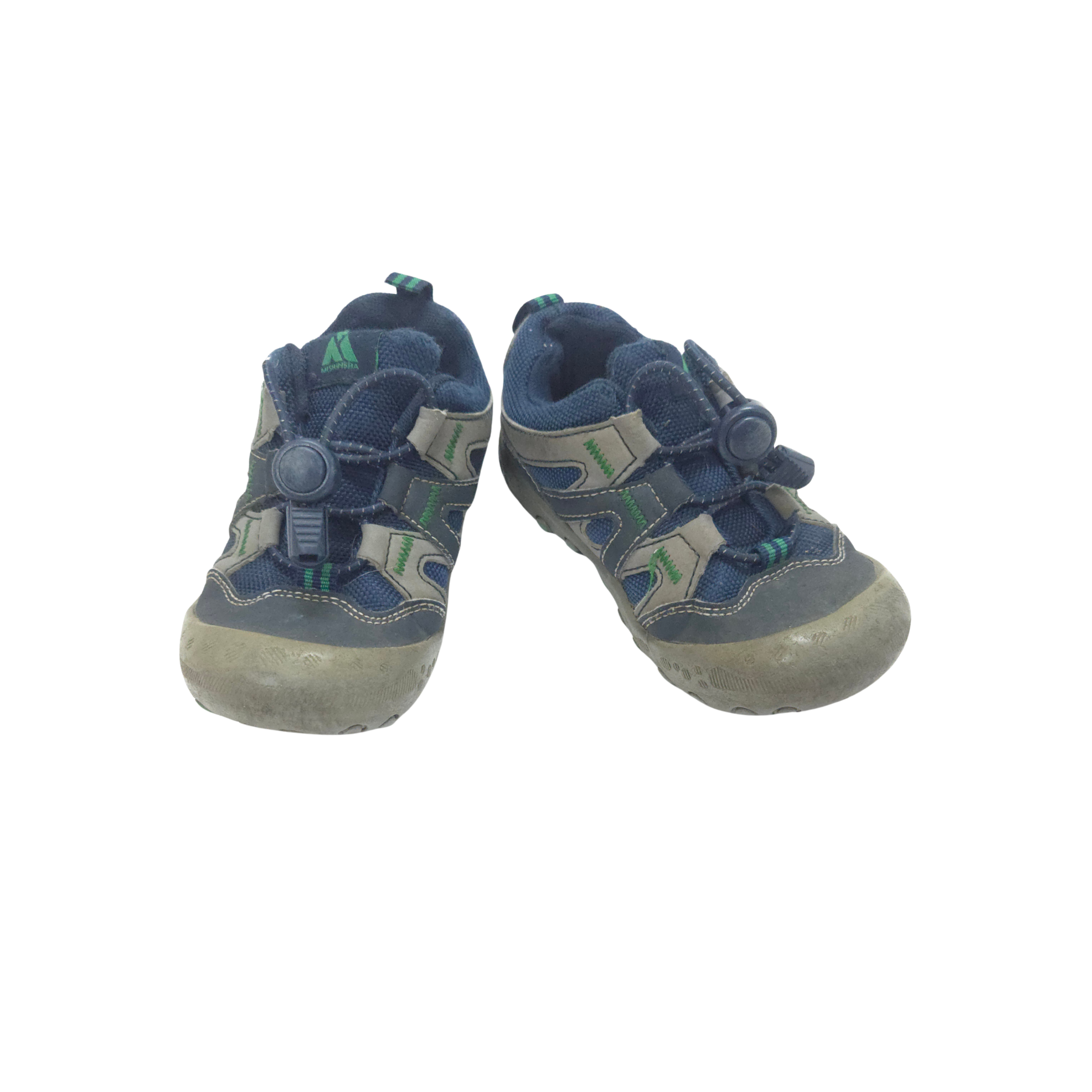 Pair of blue and gray children's shoes on a white background