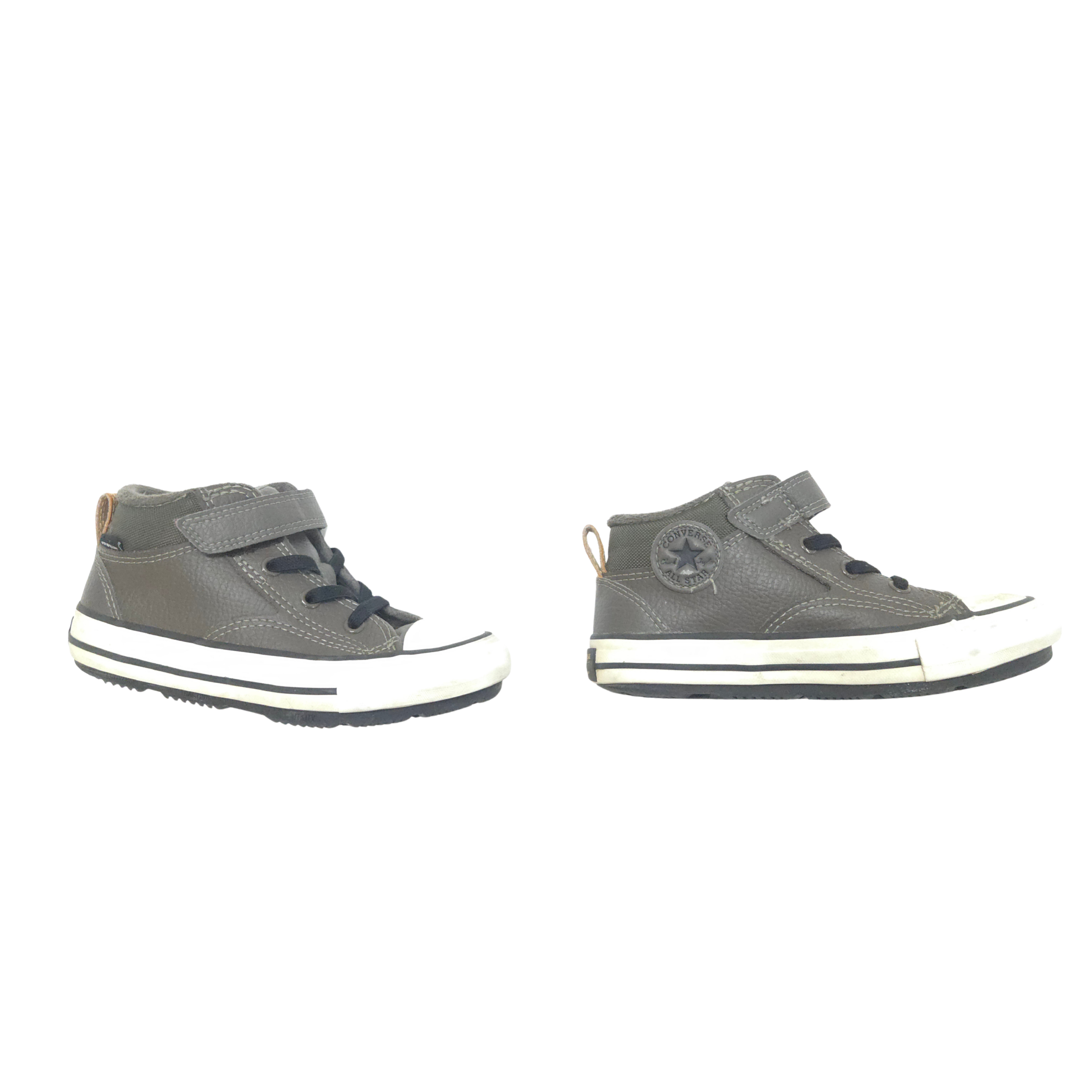 Pair of gray high-top sneakers with white soles on a white background