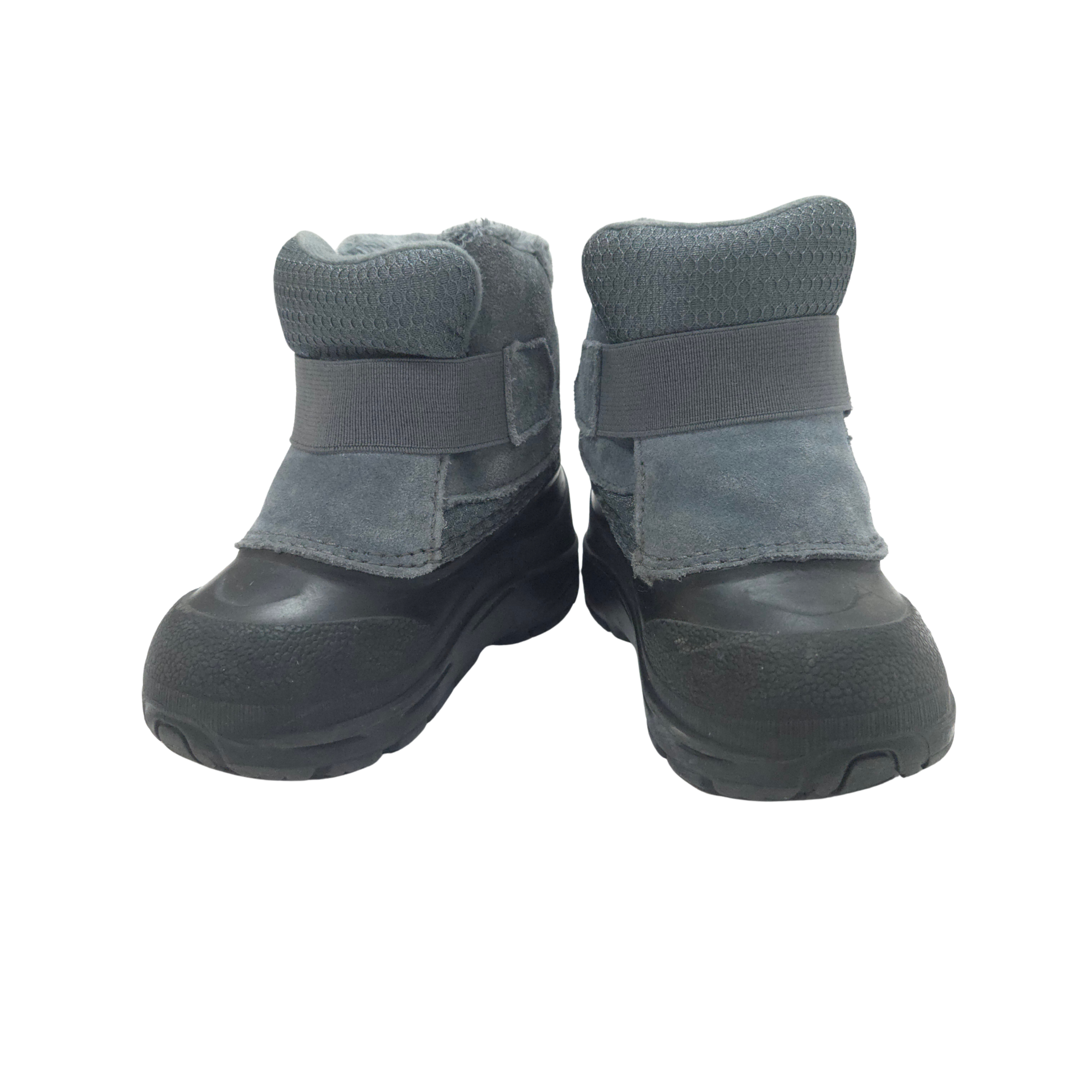 Pair of gray pet boots with black soles on a white background