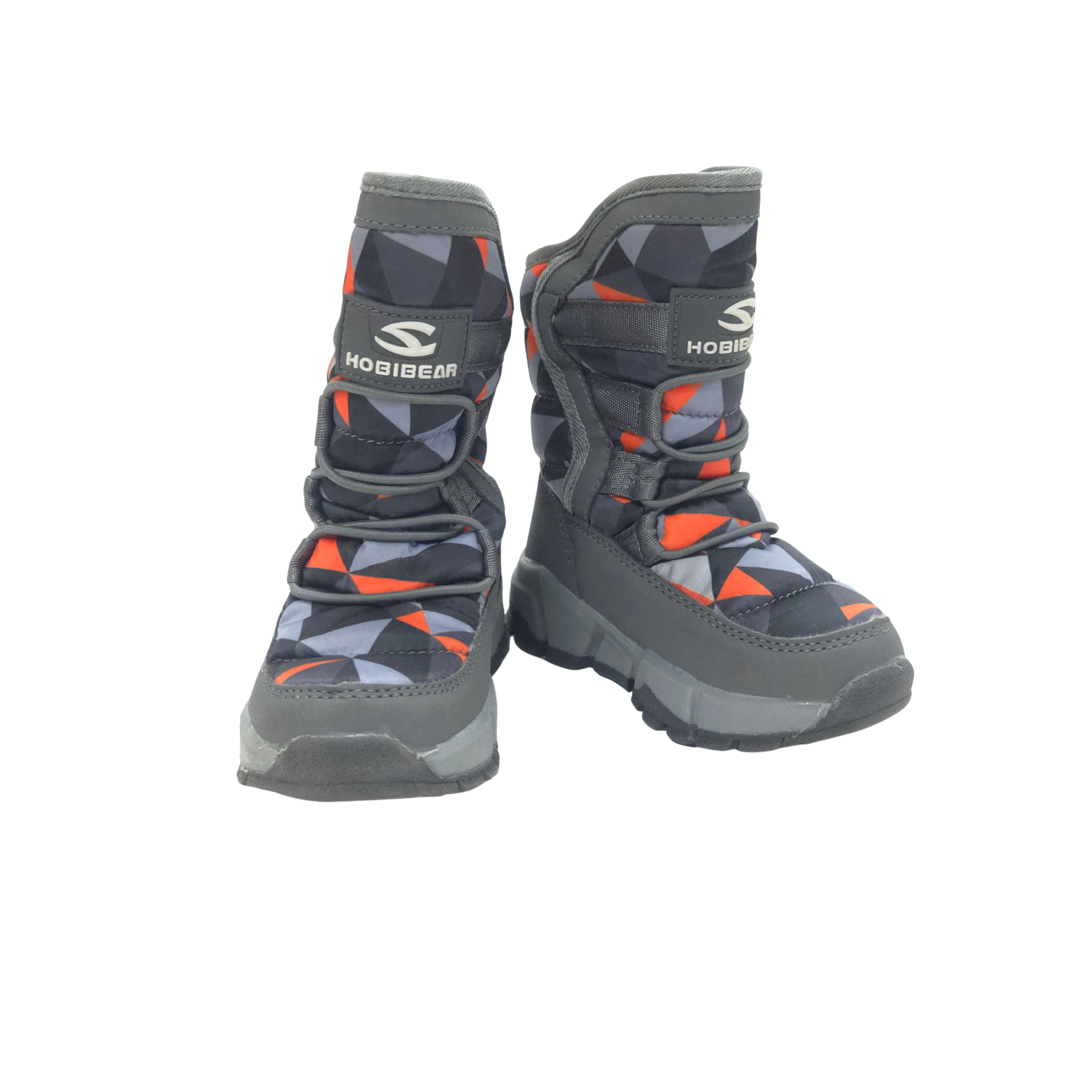 Pair of gray and orange boots with geometric pattern on a white background