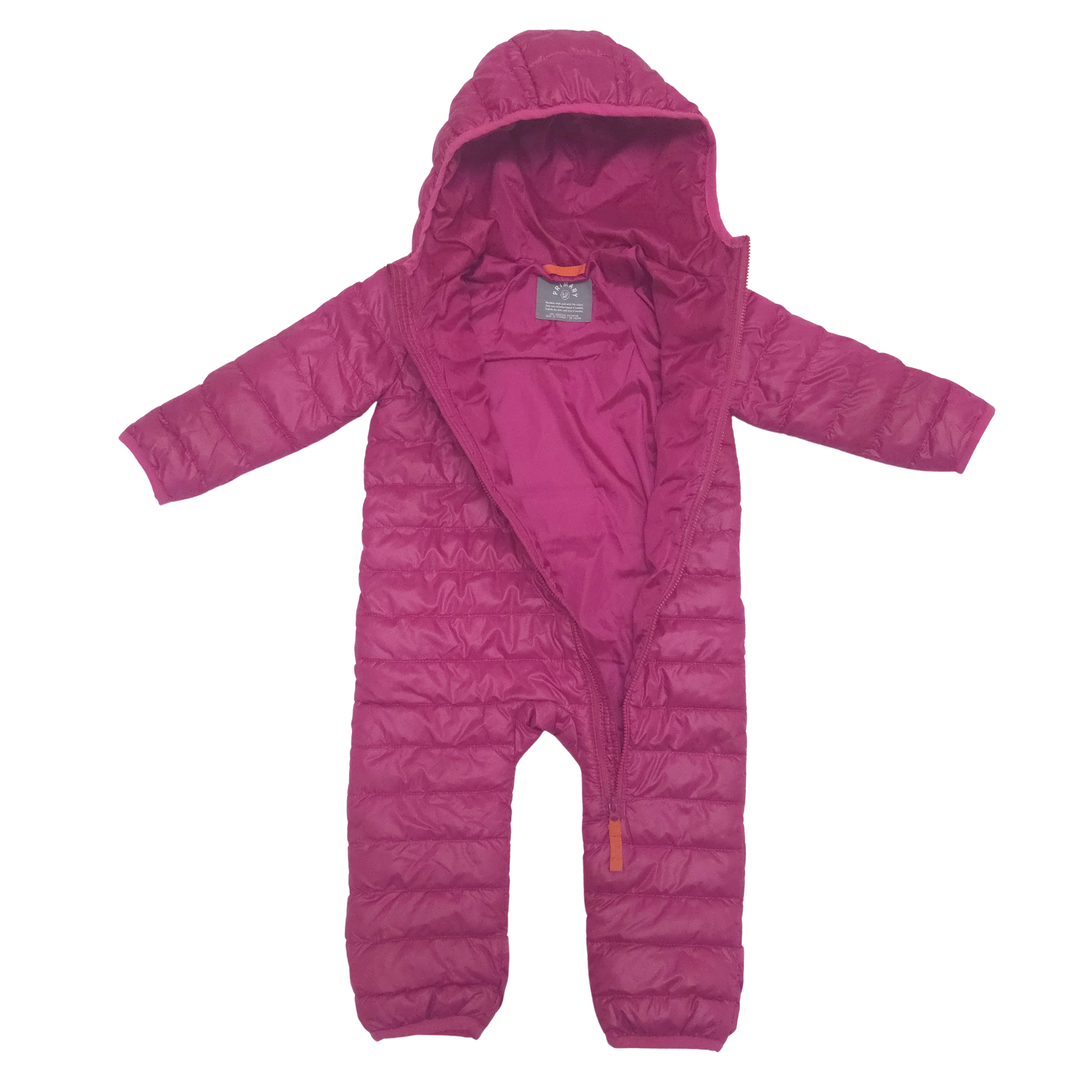 Pink children's puffer suit with a hood on a white background open zip