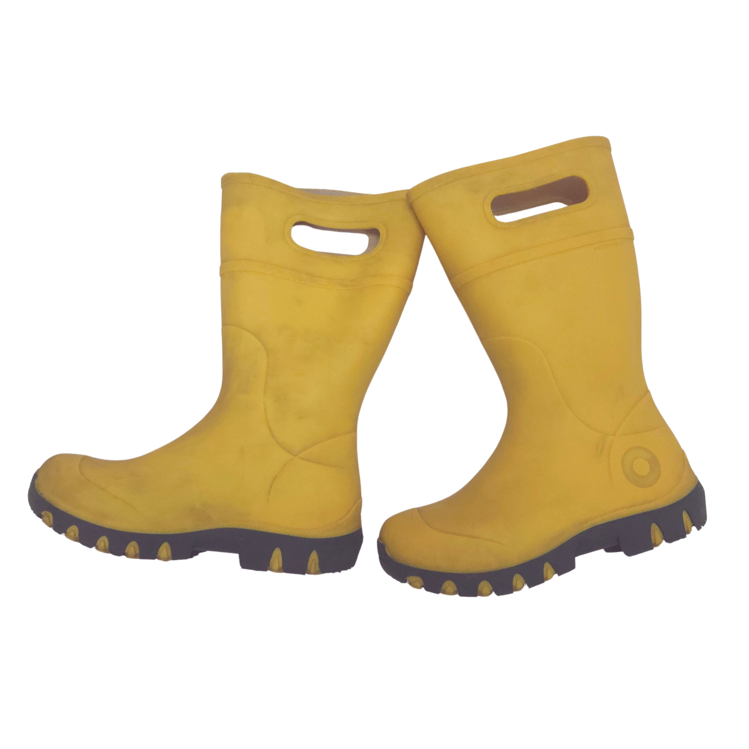 Pair of yellow rubber boots on a white background