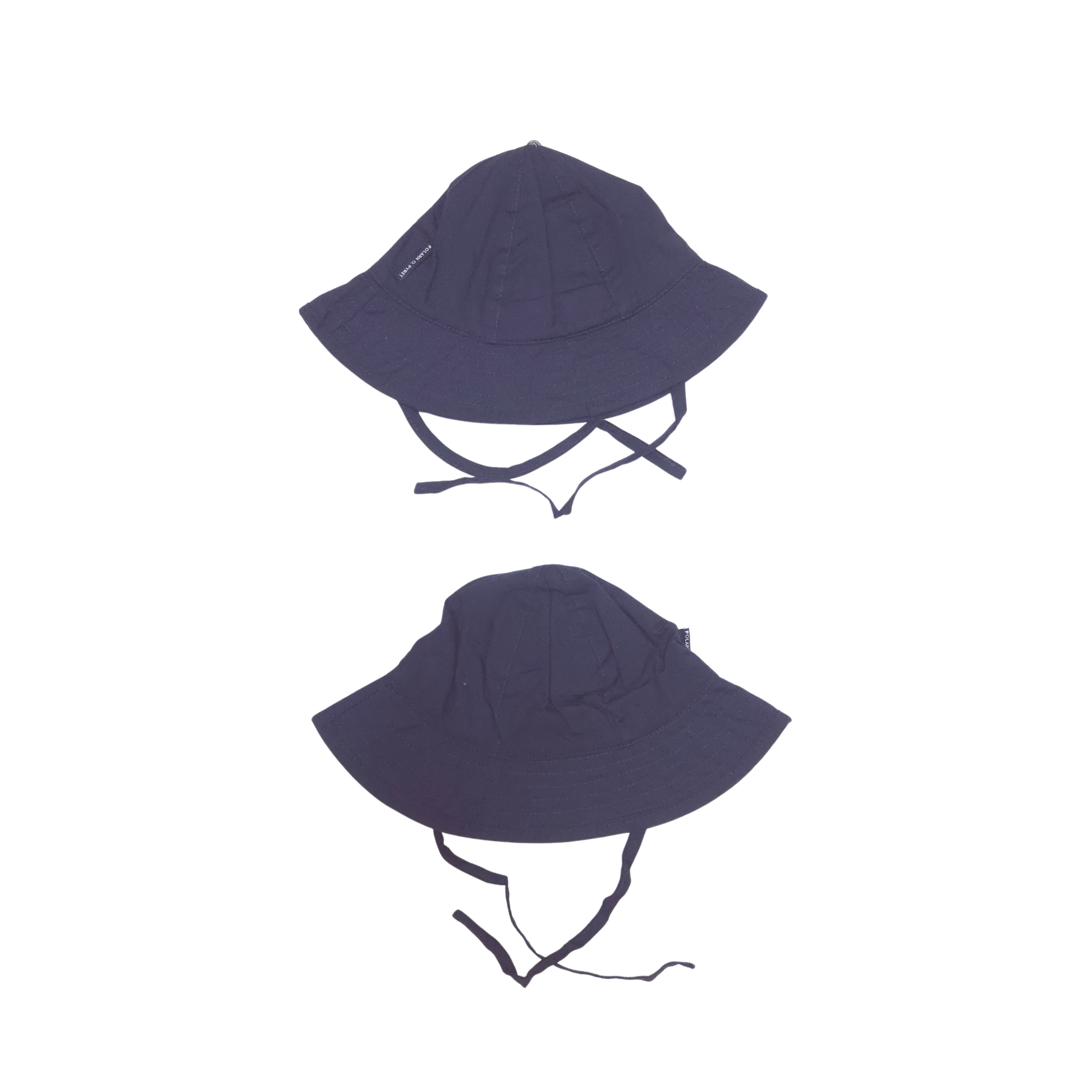 Two navy blue sunhats with chin straps