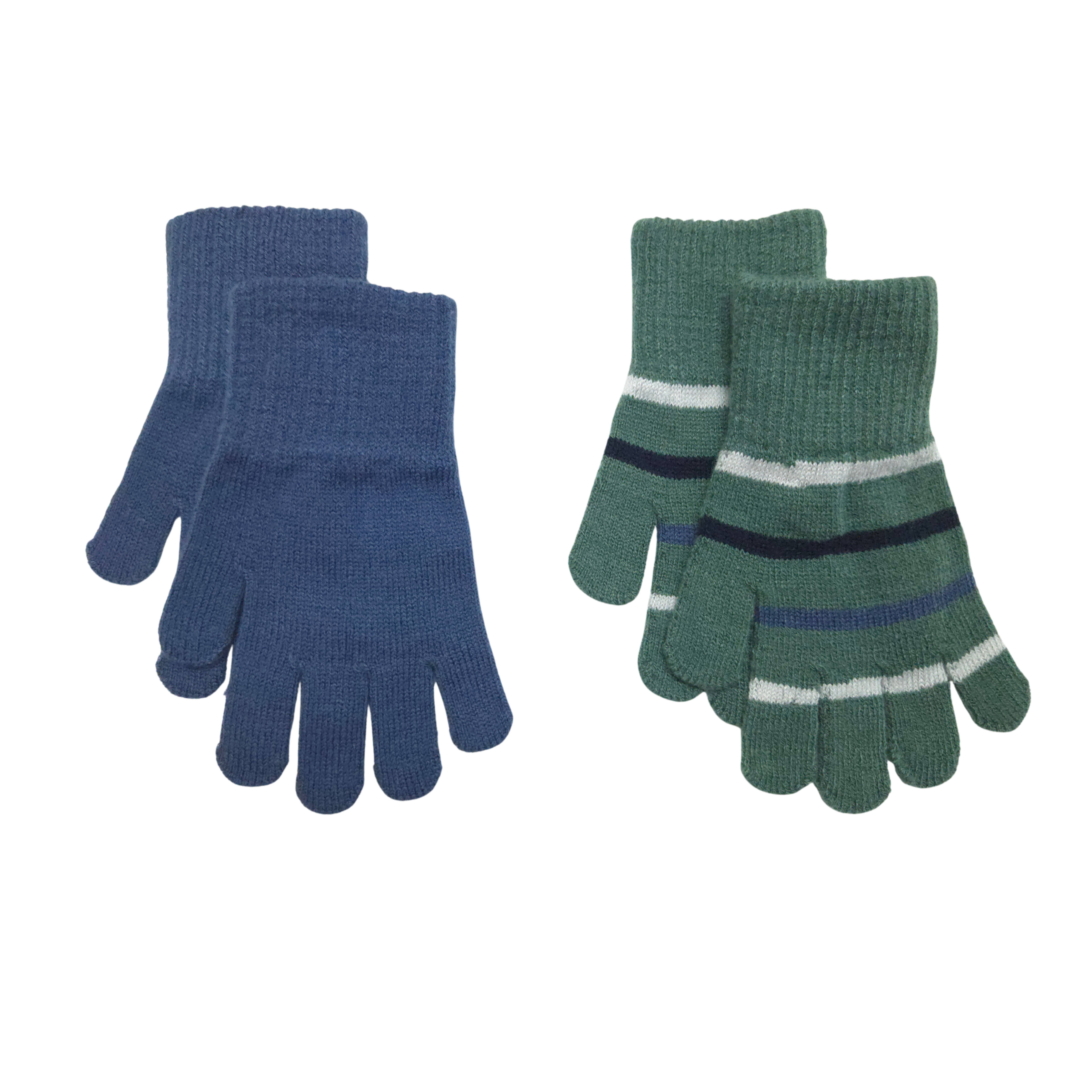 Pair of blue gloves and a pair of green gloves with white stripes on a white background