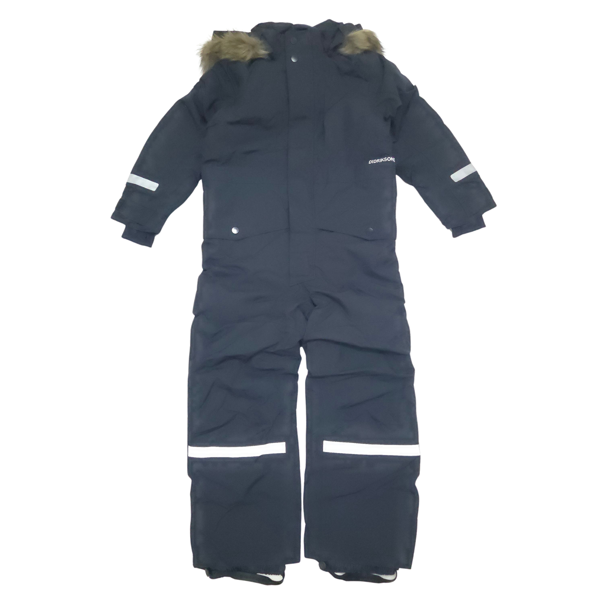 A dark navy blue children's snowsuit with a hood featuring brown faux-fur trim, white reflective striping on the sleeves and legs, and a front zipper, shown against a plain white background.