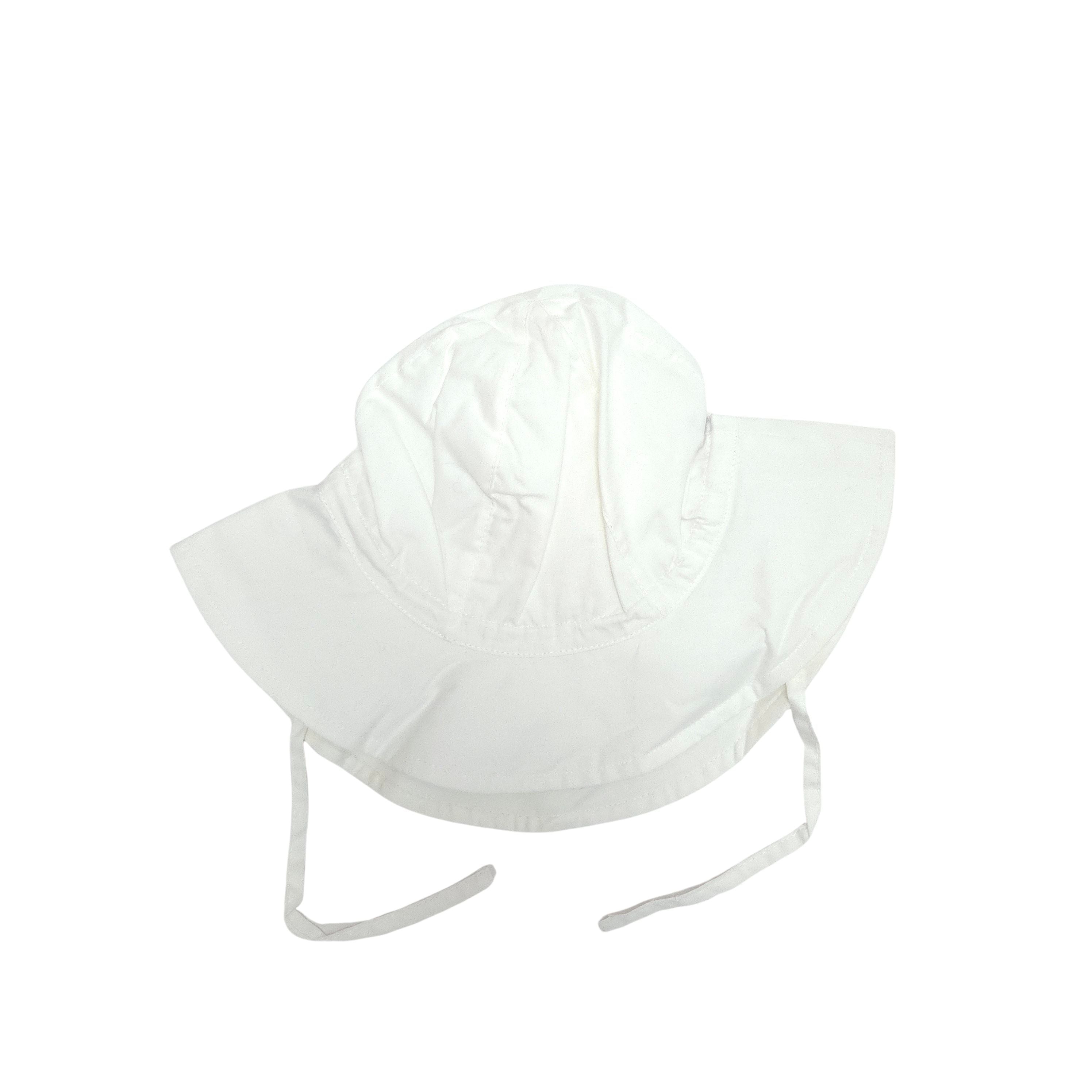 white sun hat with wide brim and chin sraps