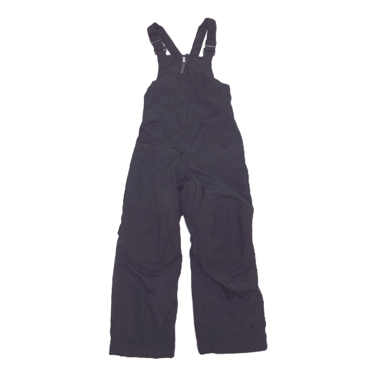Black bib snowpants with adjustable shoulder straps and a front zipper, laid flat against a white background.