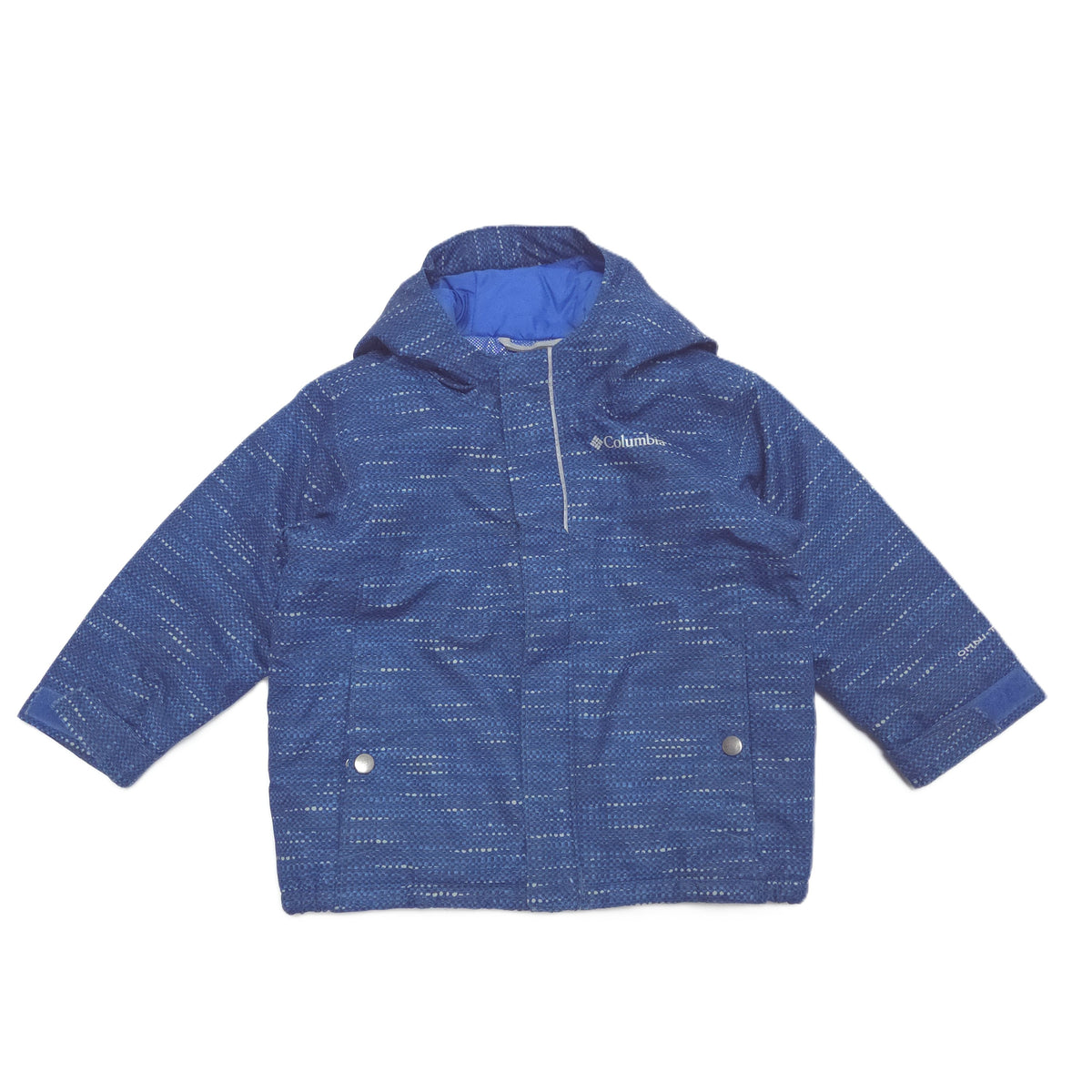 A blue hooded jacket with a subtle white speckled pattern, featuring a front zipper, snap-button flap pockets, and a small embroidered Columbia logo on the left chest, displayed flat against a white background.