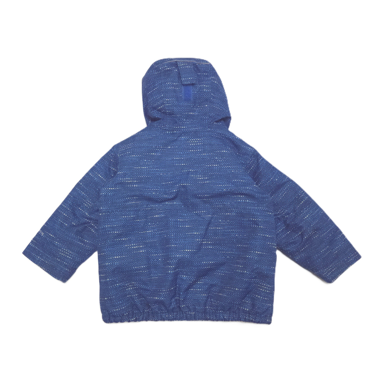 A blue hooded jacket with a textured, heathered pattern of white and gray threads, shown from the back on a plain white background.