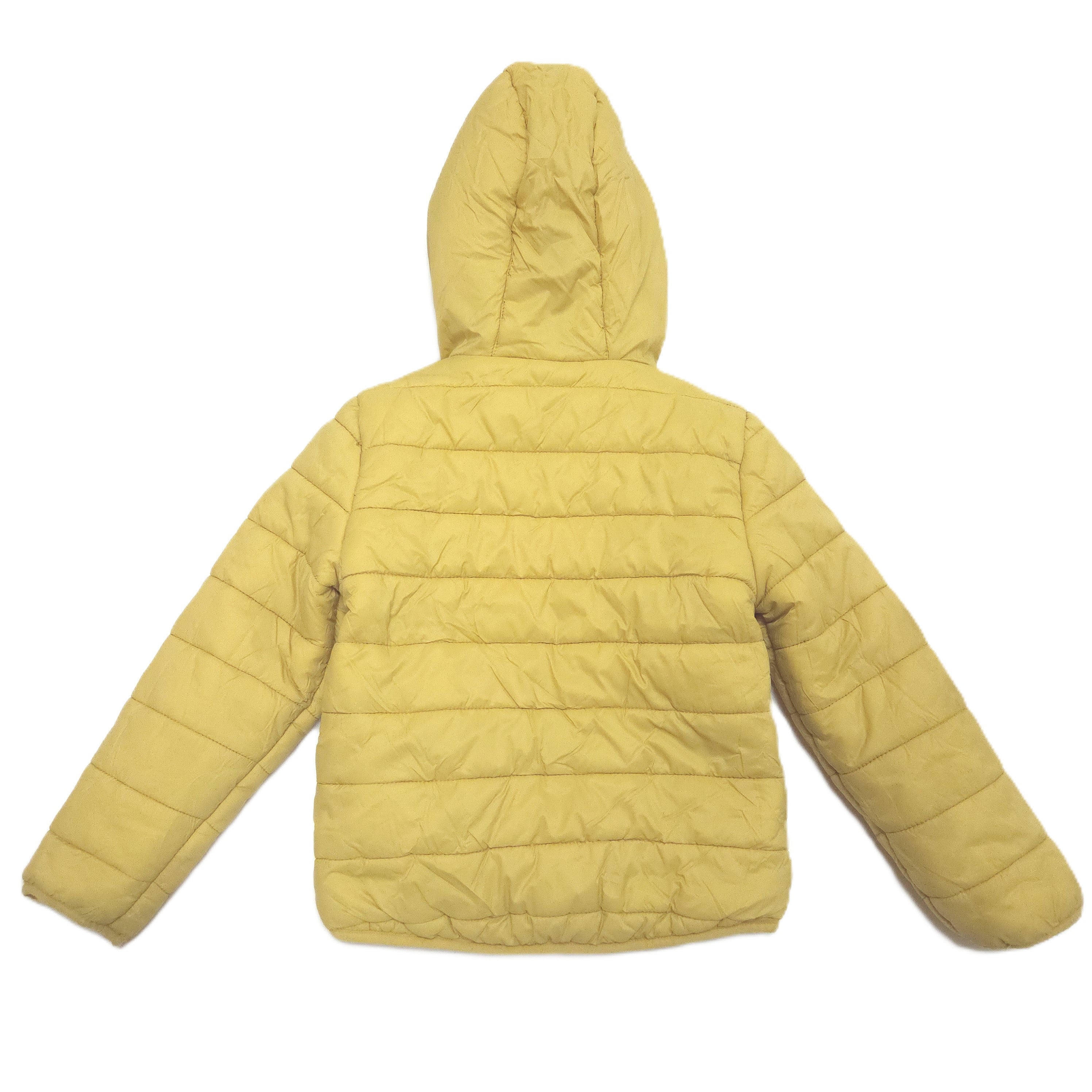 A yellow quilted puffer jacket with a hood, shown from the back against a plain white background.