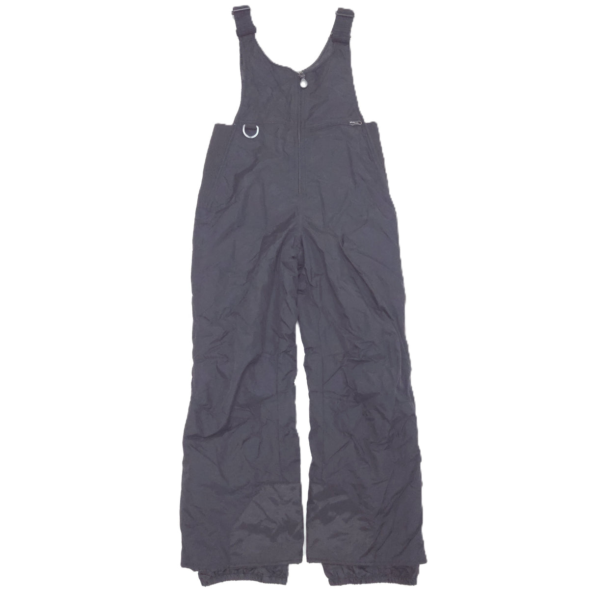 Black insulated bib snowpants with adjustable shoulder straps, a front zipper shown flat against a white background.