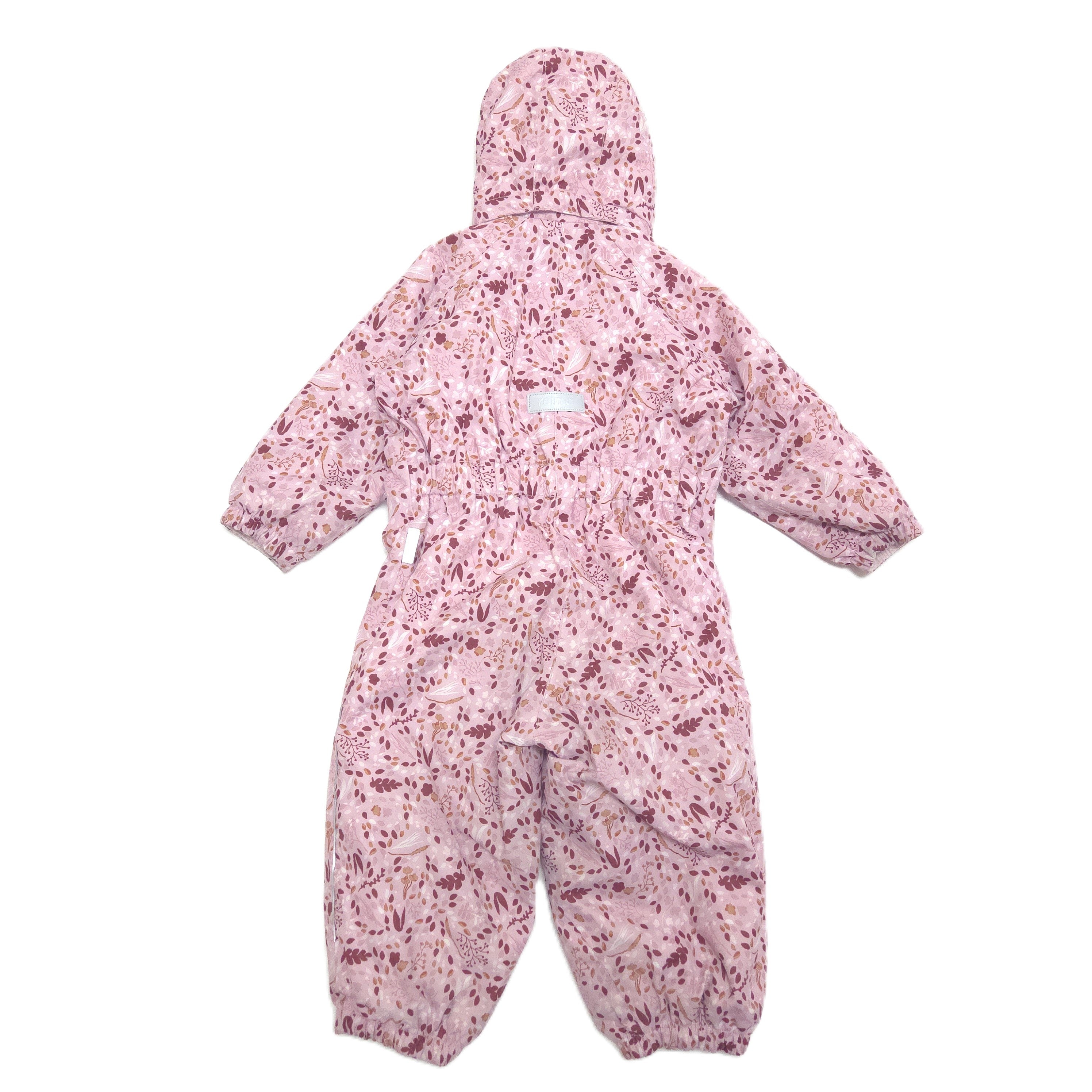 A pink hooded snowsuit with a dark red floral pattern, shown flat against a white background.