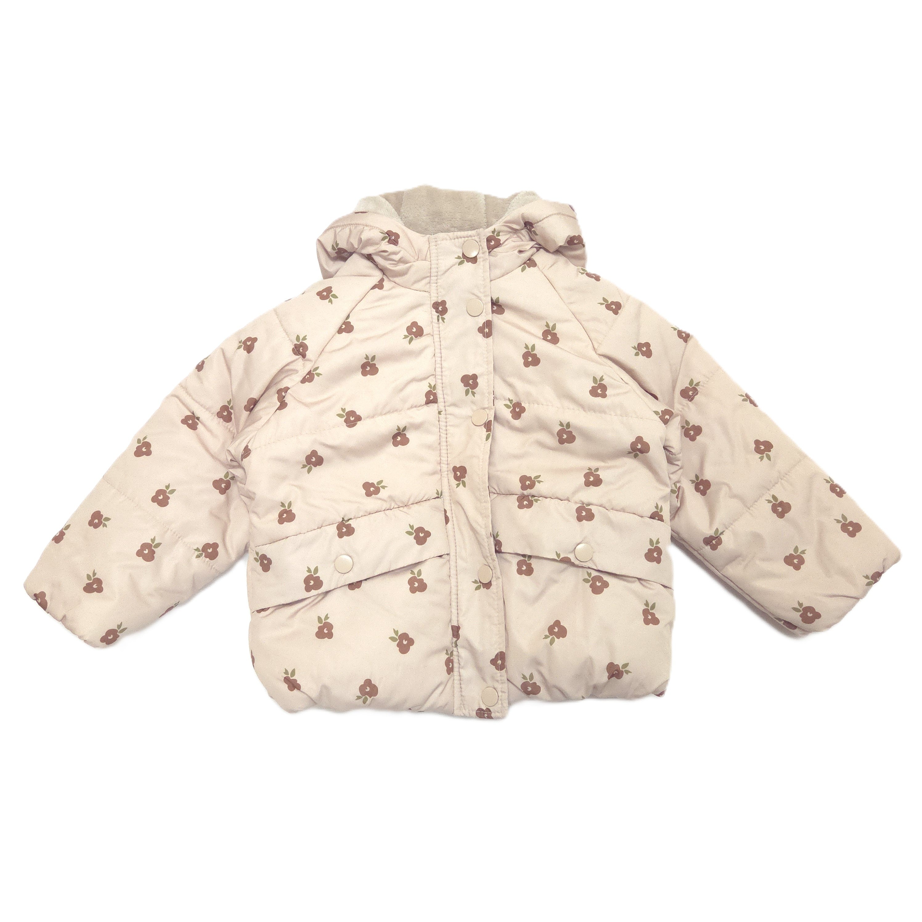 A beige hooded puffer jacket with an all-over brown flower print, shown flat against a white background.